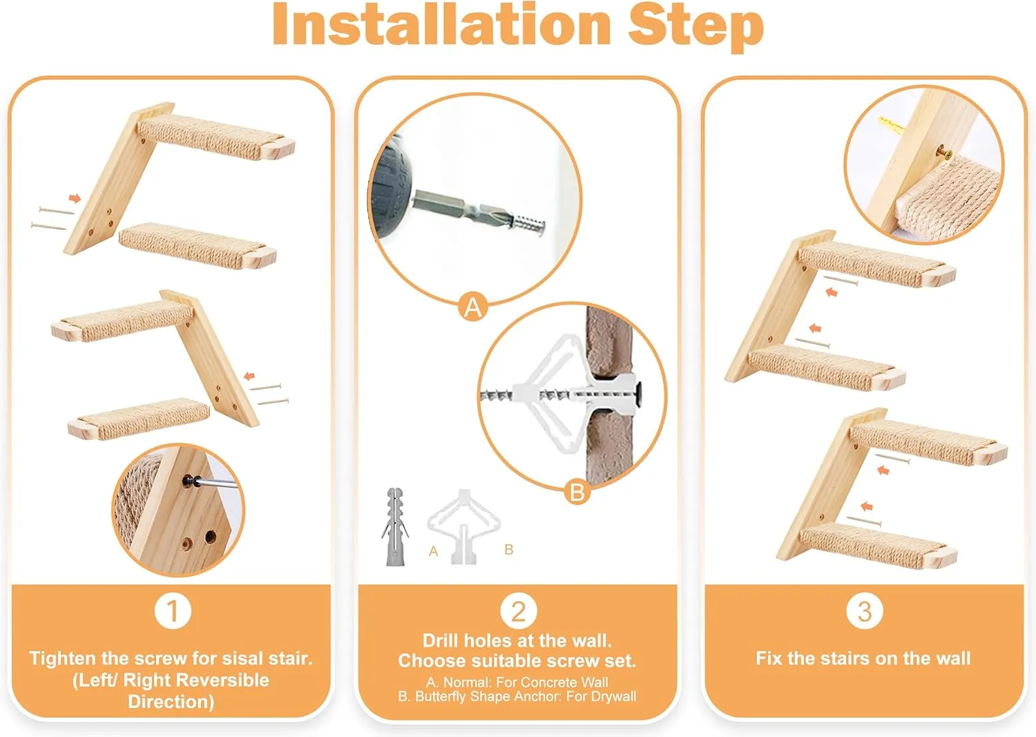 Cat Climbing Stair Shelf Wall Mounted Reversible Left & Right Direction, Cat Stairway Shelf for Climbing with Sisal Rope Ladder Wall Furniture