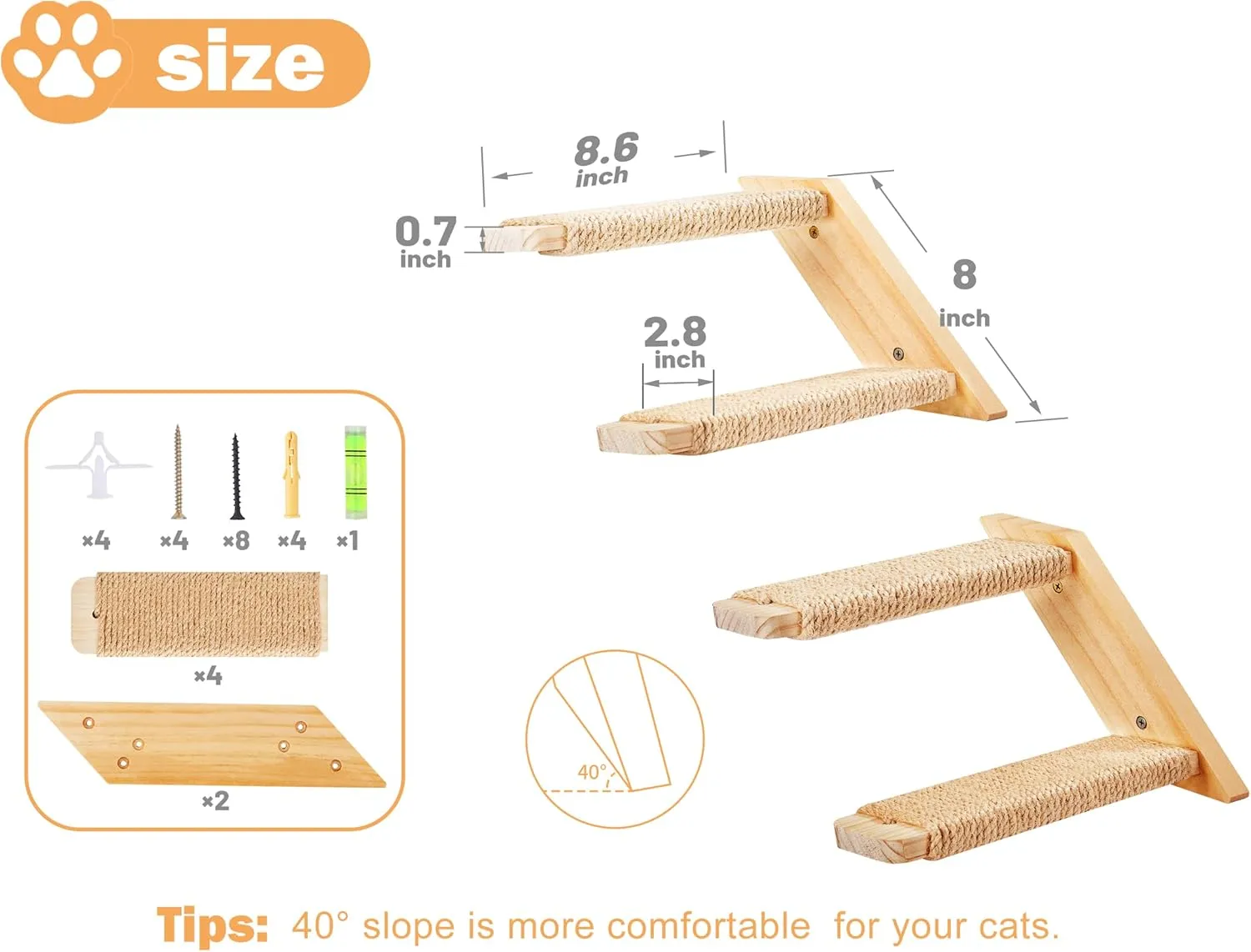 Cat Climbing Stair Shelf Wall Mounted Reversible Left & Right Direction, Cat Stairway Shelf for Climbing with Sisal Rope Ladder Wall Furniture
