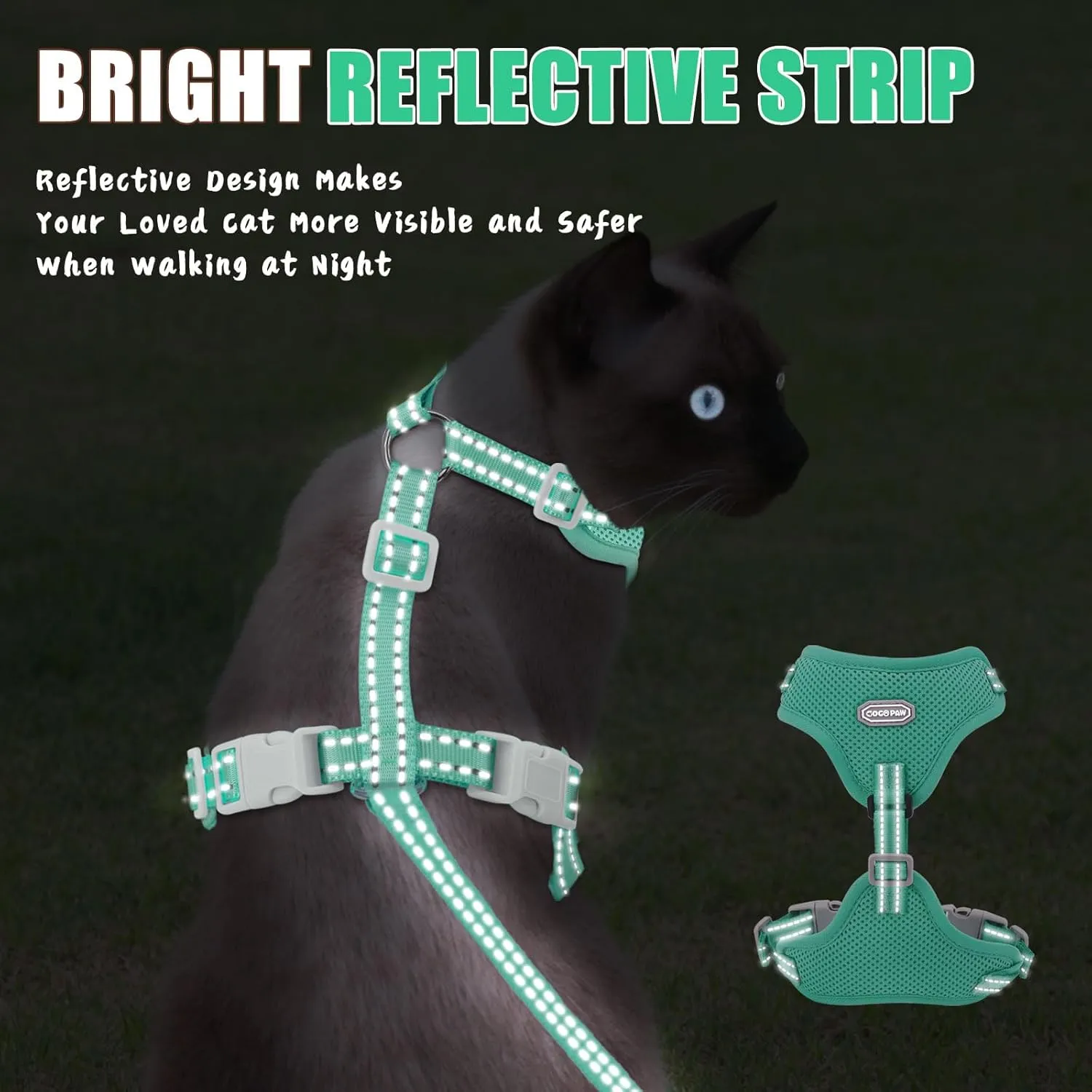 Cat Harness and Leash Set, Adjustable Soft Kitten Harness Breathable Mesh Cat Harness Escape Proof for Walking, Reflective Cat Vest Harness for Large Small Cat Kitten Puppy(Turquoise, M-2)