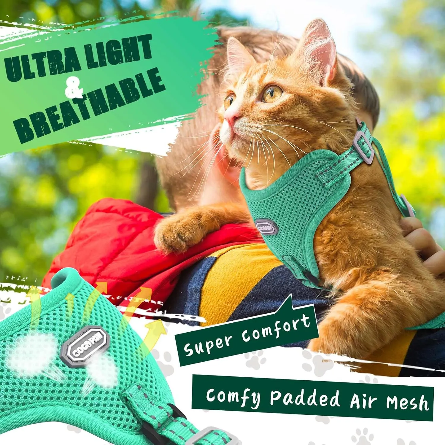 Cat Harness and Leash Set, Adjustable Soft Kitten Harness Breathable Mesh Cat Harness Escape Proof for Walking, Reflective Cat Vest Harness for Large Small Cat Kitten Puppy(Turquoise, M-2)