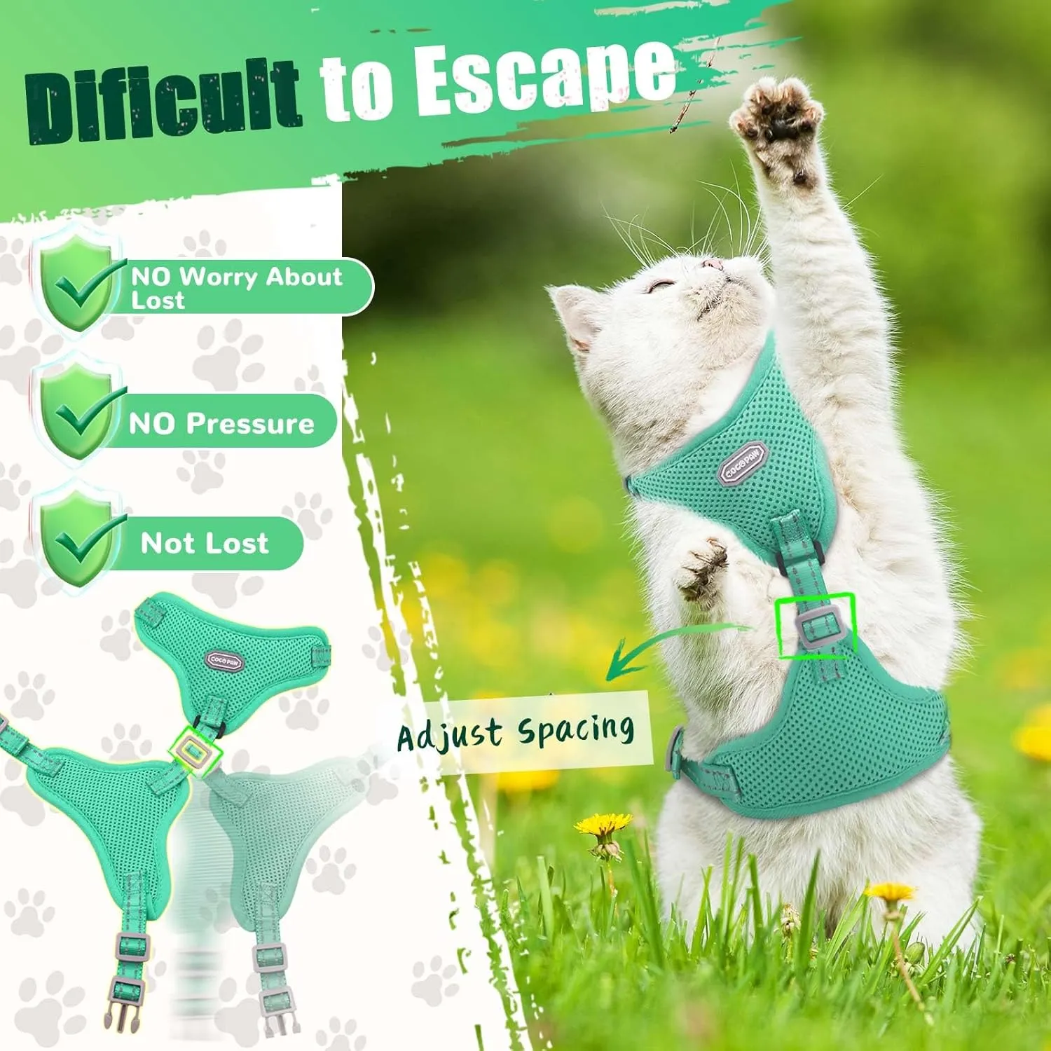Cat Harness and Leash Set, Adjustable Soft Kitten Harness Breathable Mesh Cat Harness Escape Proof for Walking, Reflective Cat Vest Harness for Large Small Cat Kitten Puppy(Turquoise, M-2)