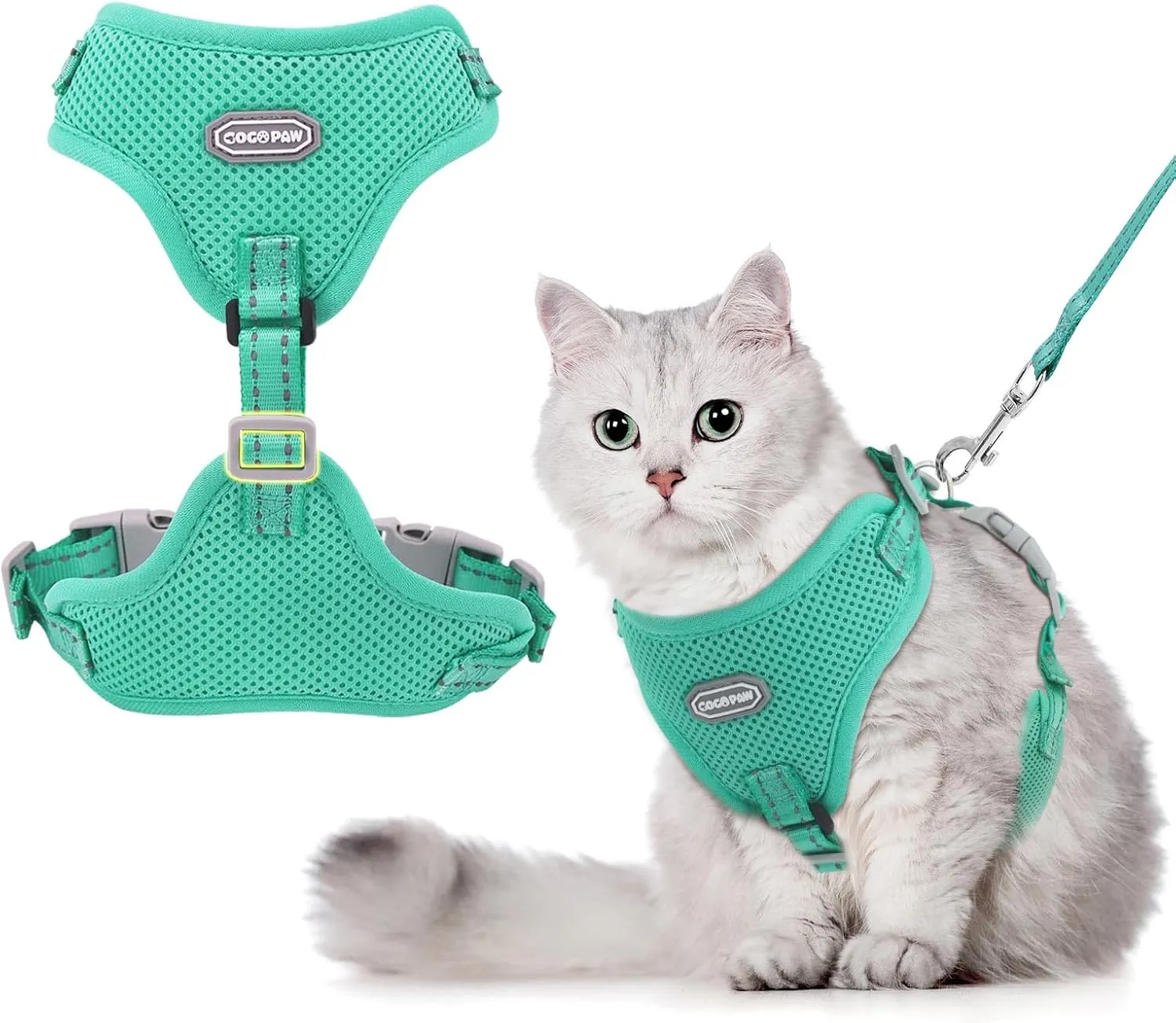 Cat Harness and Leash Set, Adjustable Soft Kitten Harness Breathable Mesh Cat Harness Escape Proof for Walking, Reflective Cat Vest Harness for Large Small Cat Kitten Puppy(Turquoise, M-2)