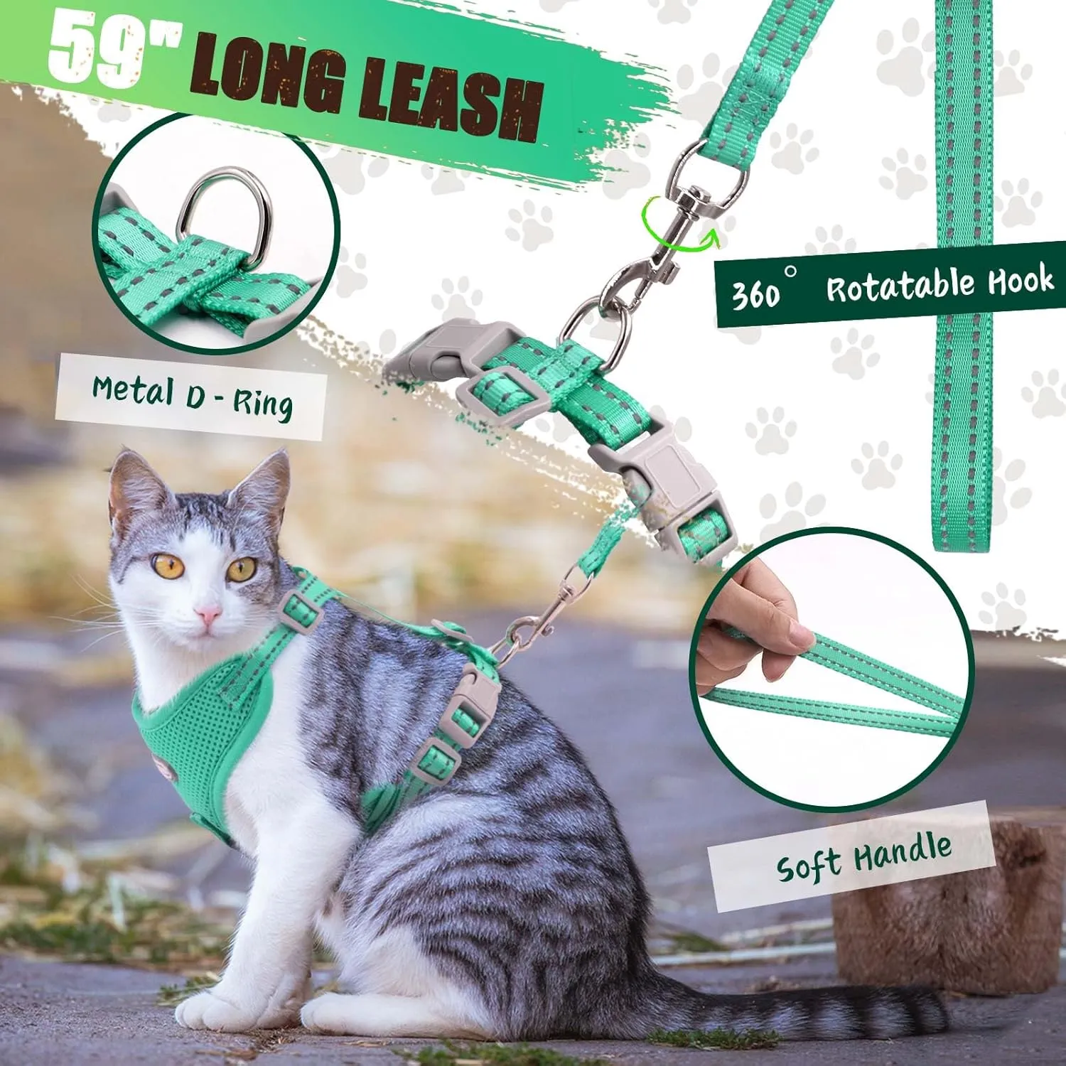 Cat Harness and Leash Set, Adjustable Soft Kitten Harness Breathable Mesh Cat Harness Escape Proof for Walking, Reflective Cat Vest Harness for Large Small Cat Kitten Puppy(Turquoise, M-2)
