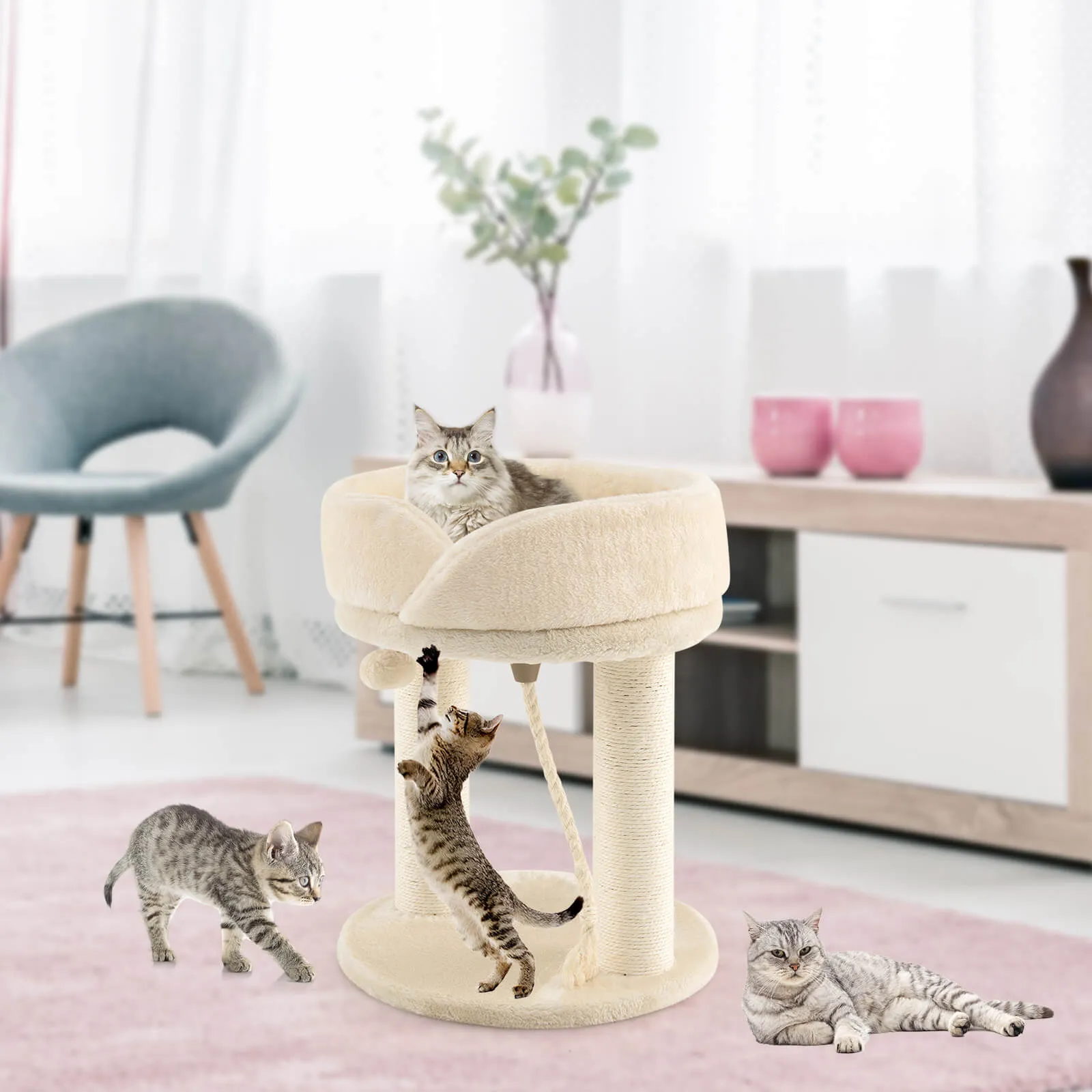 Cat Tree with Fur Ball and Sisal Rope-Beige