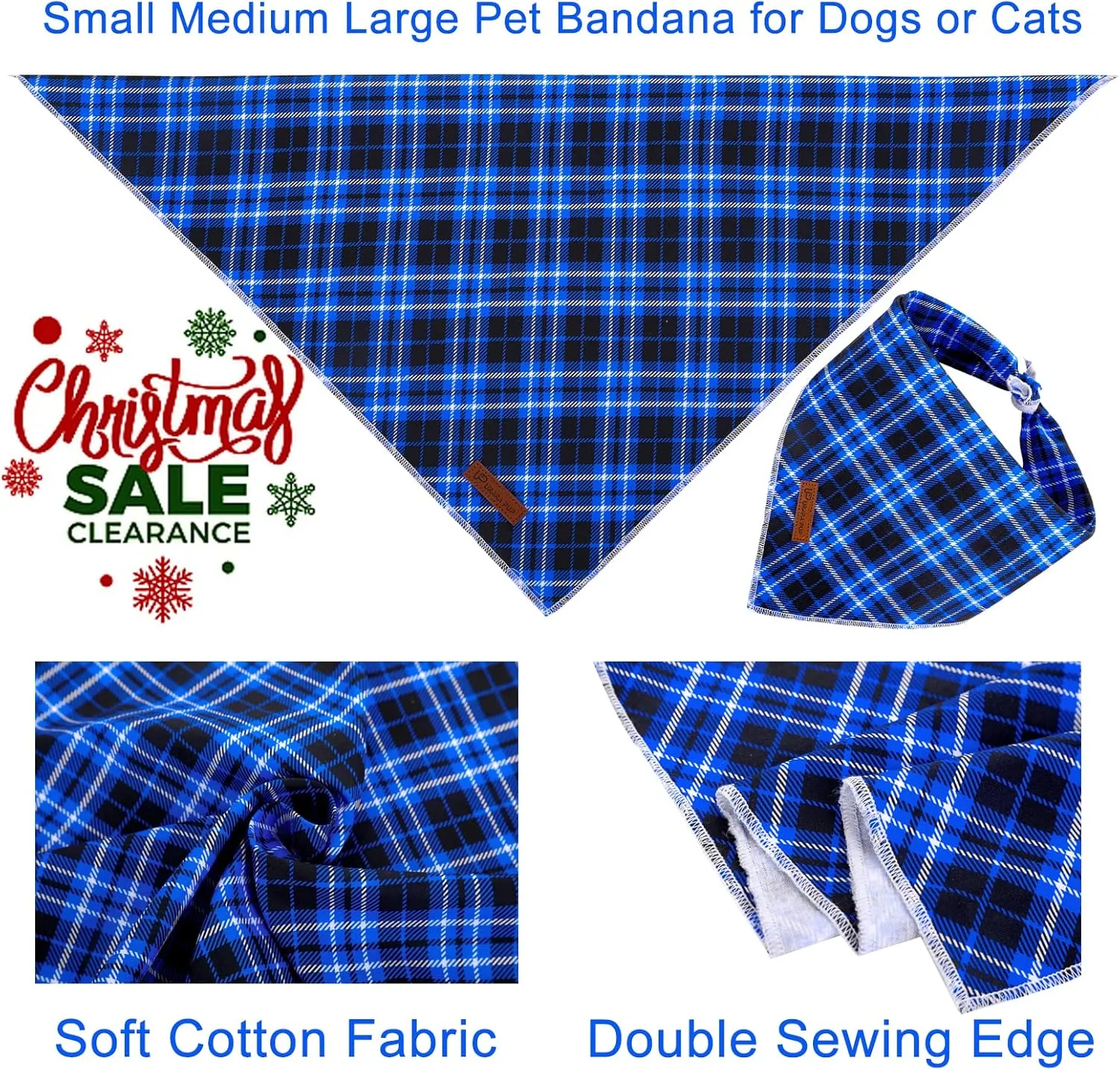 Christmas Dog Bandana, UP URARA PUP Blue Plaid Triangle Bid Scarf, Cotton Pet Kerchief for Girl Boy Dogs or Cats, Blue Winter Dog Bandana, Fancy for Puppy