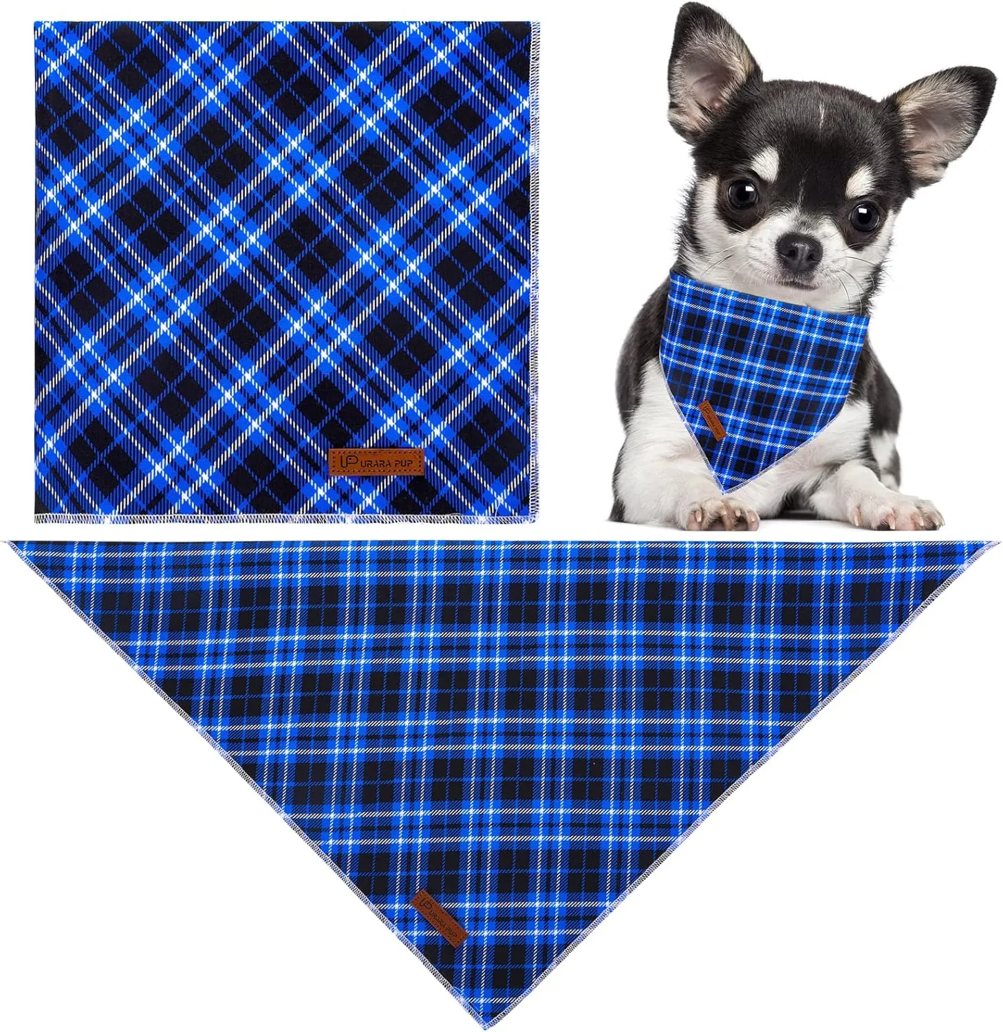 Christmas Dog Bandana, UP URARA PUP Blue Plaid Triangle Bid Scarf, Cotton Pet Kerchief for Girl Boy Dogs or Cats, Blue Winter Dog Bandana, Fancy for Puppy