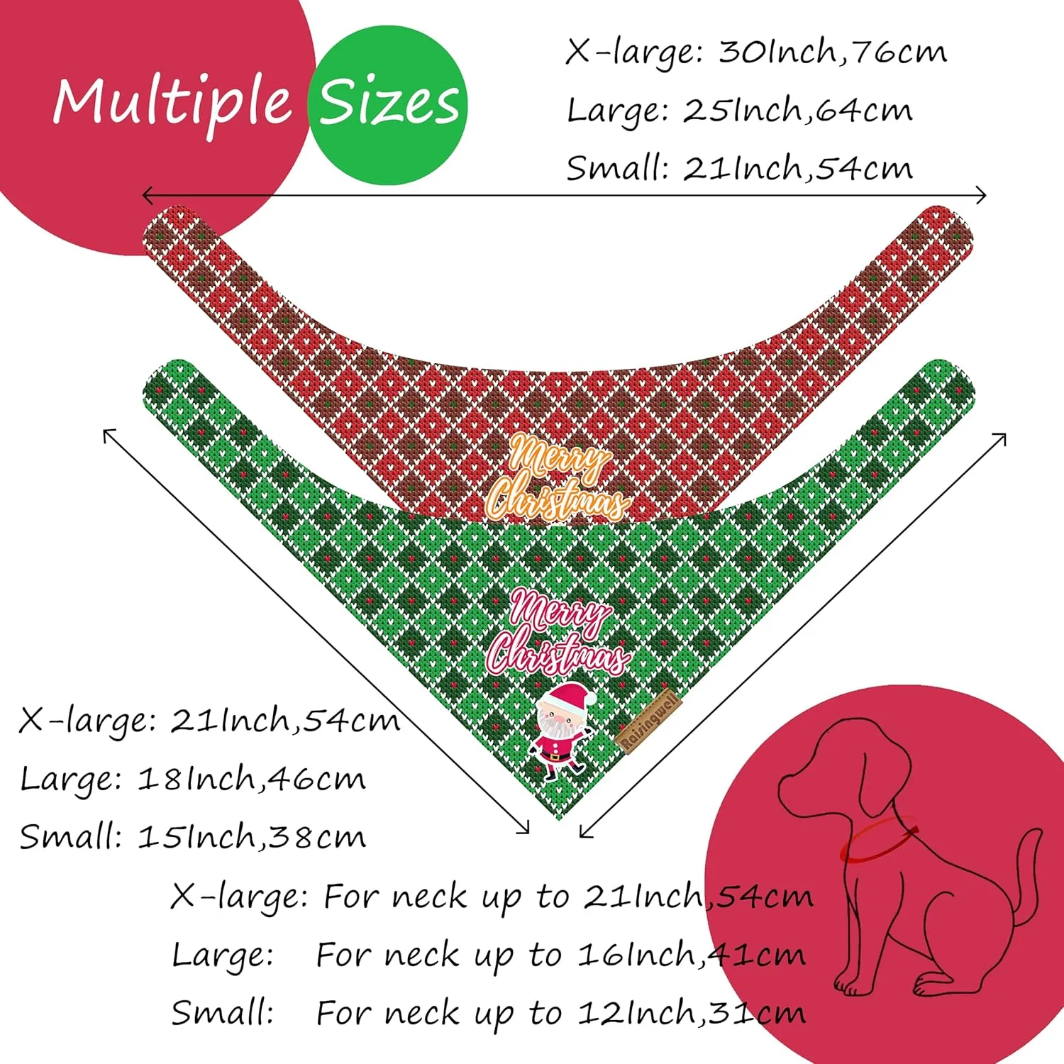 Christmas Dog Bandanas 2 Pack, 4 Pattern Reversible Adjustable Winter Holiday Dog Scarf for Boy & Girl, Small-XLarge Dogs | Christmas Reindeer Santa Claus