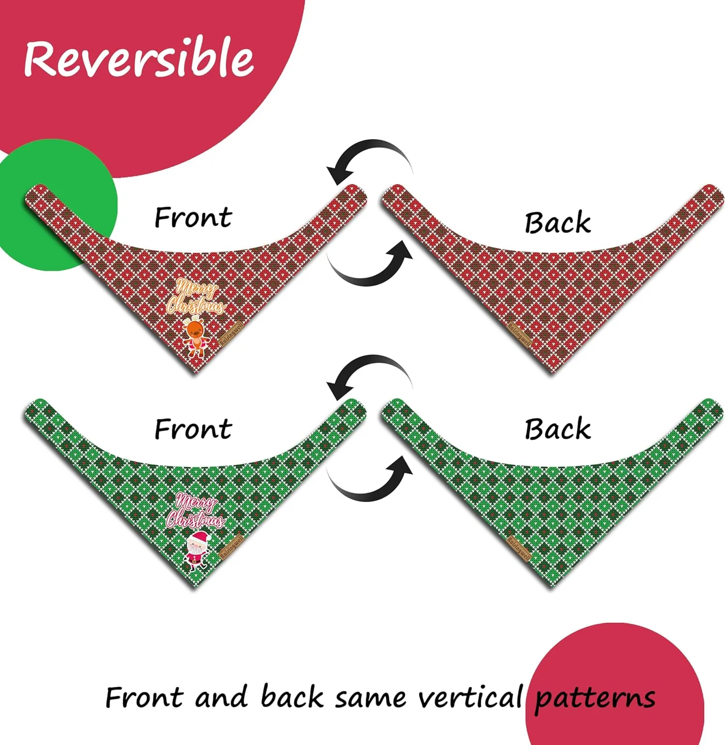 Christmas Dog Bandanas 2 Pack, 4 Pattern Reversible Adjustable Winter Holiday Dog Scarf for Boy & Girl, Small-XLarge Dogs | Christmas Reindeer Santa Claus