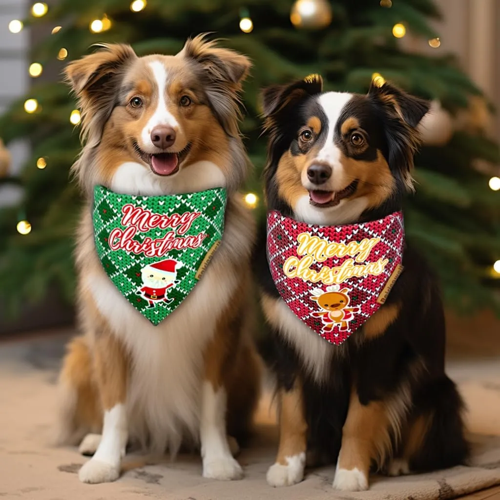 Christmas Dog Bandanas 2 Pack, 4 Pattern Reversible Adjustable Winter Holiday Dog Scarf for Boy & Girl, Small-XLarge Dogs | Christmas Reindeer Santa Claus