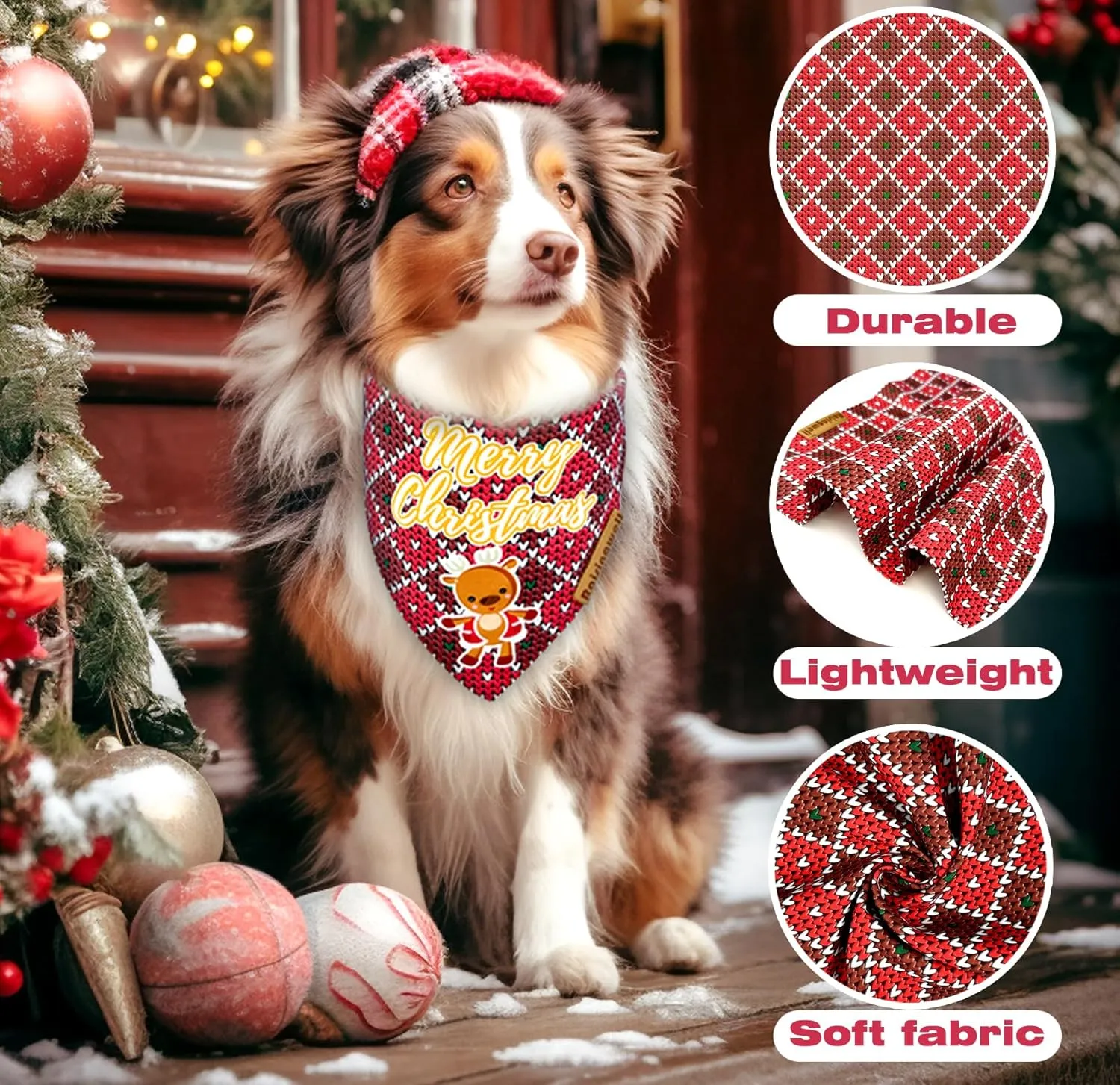 Christmas Dog Bandanas 2 Pack, 4 Pattern Reversible Adjustable Winter Holiday Dog Scarf for Boy & Girl, Small-XLarge Dogs | Christmas Reindeer Santa Claus
