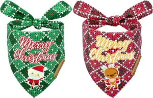 Christmas Dog Bandanas 2 Pack, 4 Pattern Reversible Adjustable Winter Holiday Dog Scarf for Boy & Girl, Small-XLarge Dogs | Christmas Reindeer Santa Claus