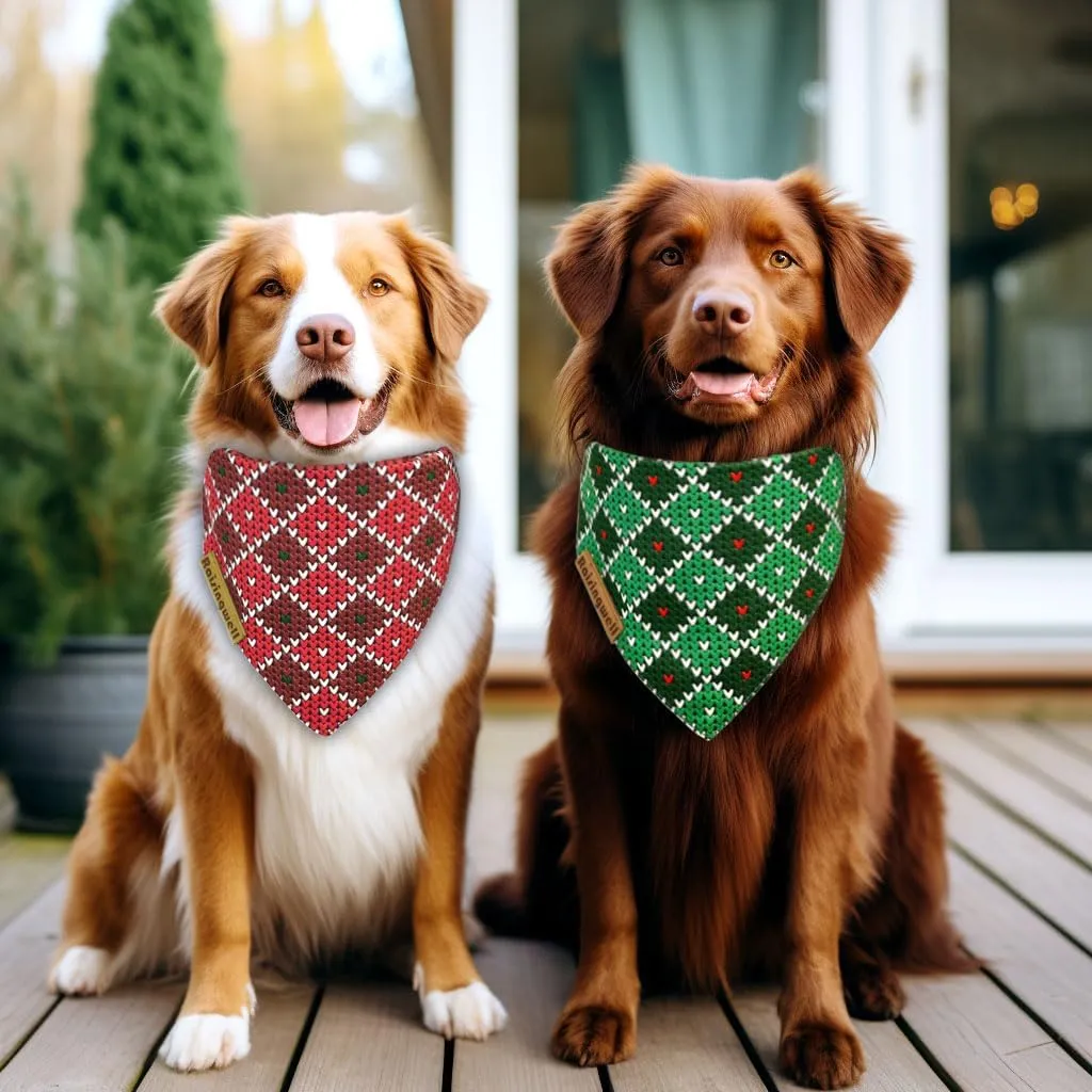 Christmas Dog Bandanas 2 Pack, 4 Pattern Reversible Adjustable Winter Holiday Dog Scarf for Boy & Girl, Small-XLarge Dogs | Christmas Reindeer Santa Claus