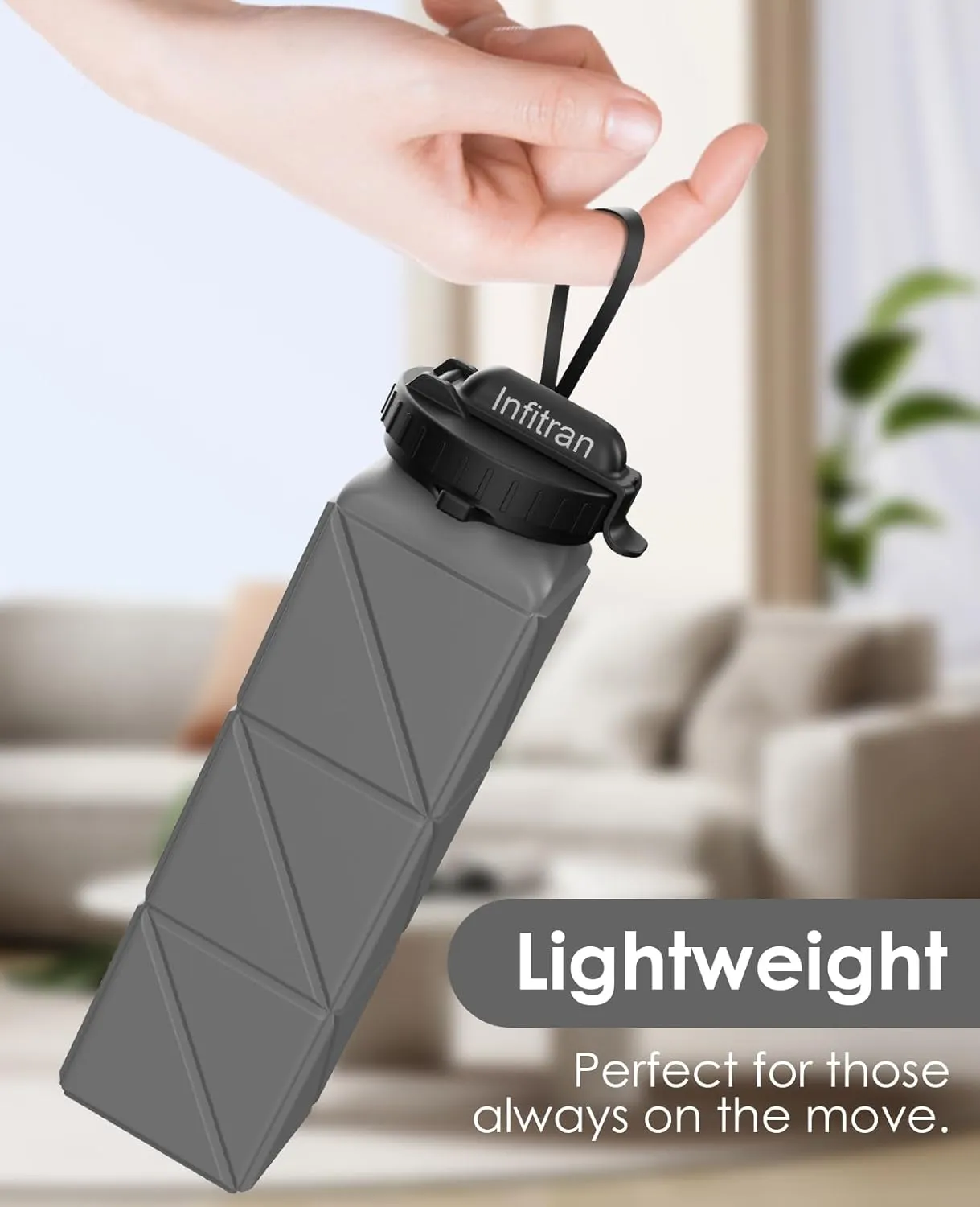 Collapsible Water Bottles,BPA-Free Silicone Foldable Water Bottle Cup with Straw Strap 20.6oz,Leak-Proof Durable Lightweight Bottle for Gym Travel Camping Hiking Running Sport,Gray
