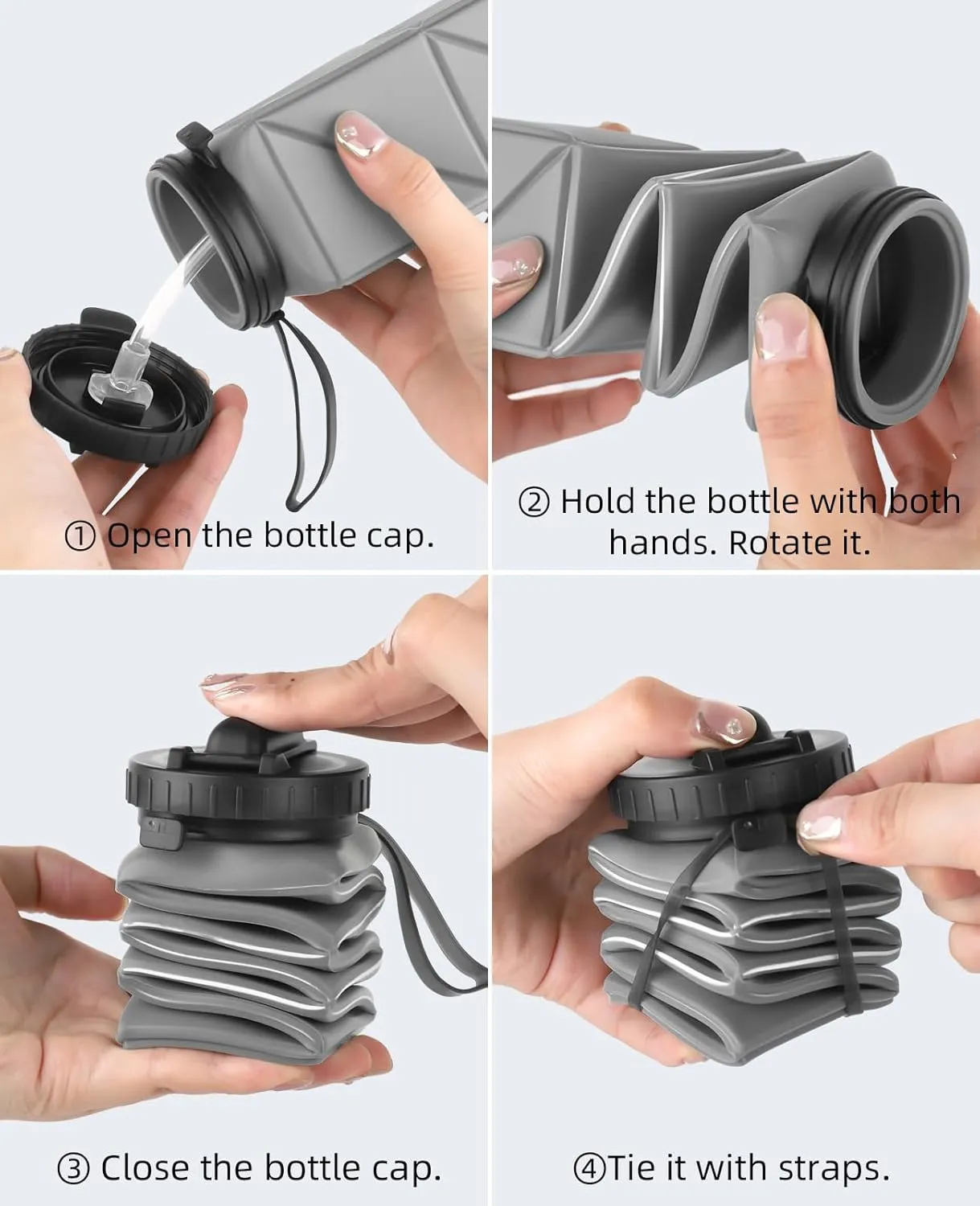 Collapsible Water Bottles,BPA-Free Silicone Foldable Water Bottle Cup with Straw Strap 20.6oz,Leak-Proof Durable Lightweight Bottle for Gym Travel Camping Hiking Running Sport,Gray