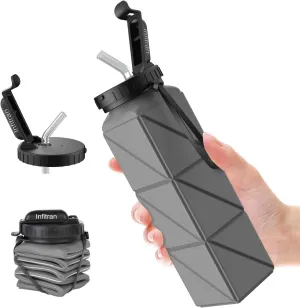 Collapsible Water Bottles,BPA-Free Silicone Foldable Water Bottle Cup with Straw Strap 20.6oz,Leak-Proof Durable Lightweight Bottle for Gym Travel Camping Hiking Running Sport,Gray