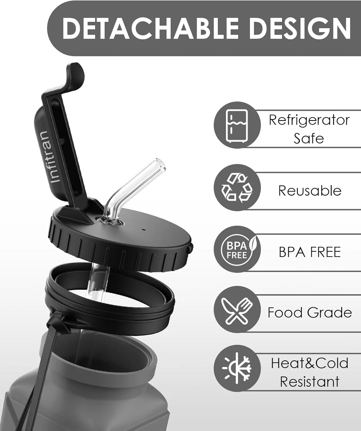 Collapsible Water Bottles,BPA-Free Silicone Foldable Water Bottle Cup with Straw Strap 20.6oz,Leak-Proof Durable Lightweight Bottle for Gym Travel Camping Hiking Running Sport,Gray