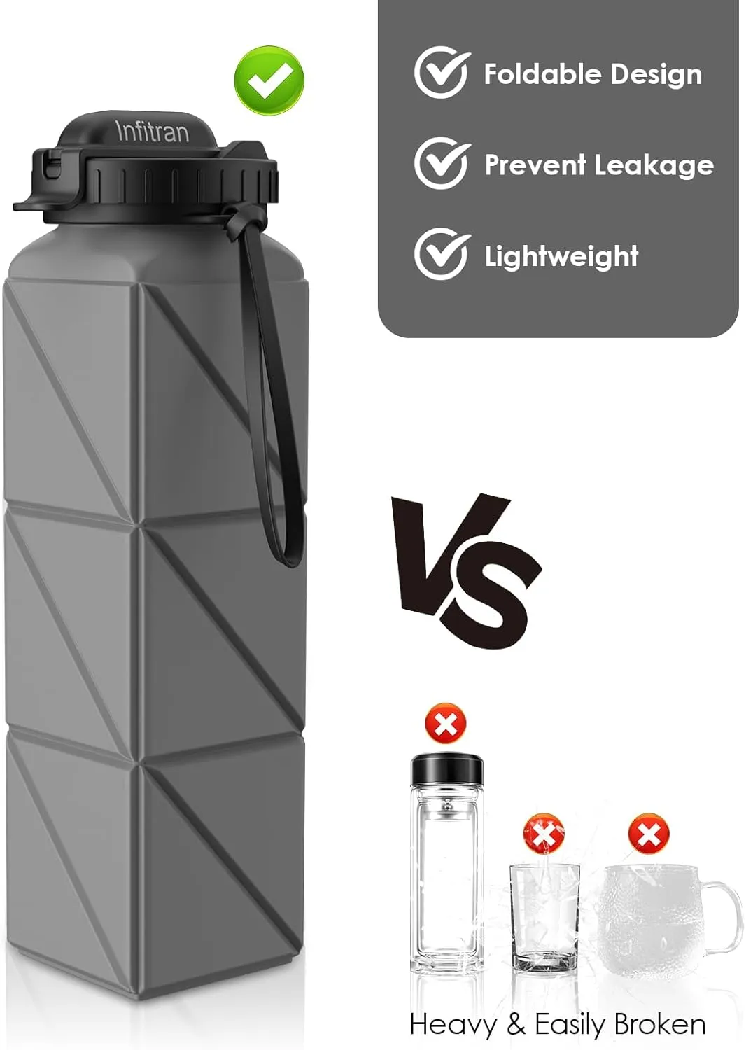 Collapsible Water Bottles,BPA-Free Silicone Foldable Water Bottle Cup with Straw Strap 20.6oz,Leak-Proof Durable Lightweight Bottle for Gym Travel Camping Hiking Running Sport,Gray