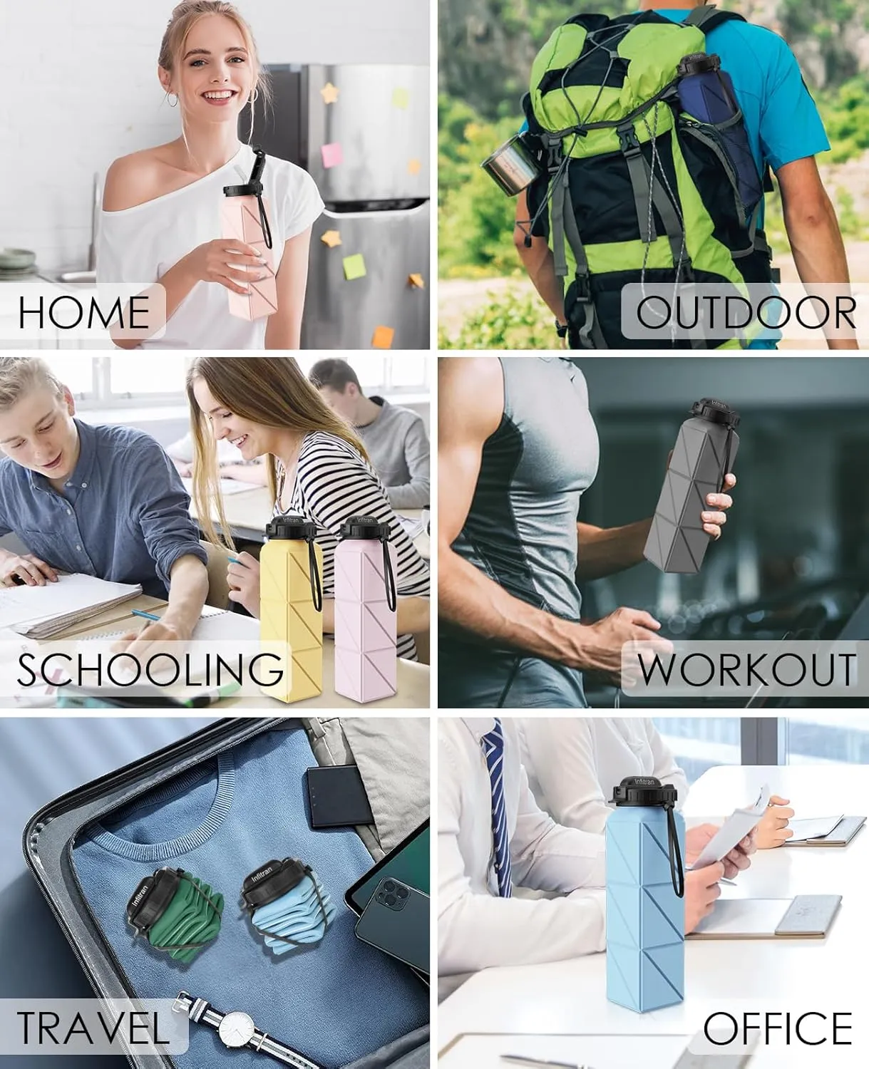 Collapsible Water Bottles,BPA-Free Silicone Foldable Water Bottle Cup with Straw Strap 20.6oz,Leak-Proof Durable Lightweight Bottle for Gym Travel Camping Hiking Running Sport,Gray
