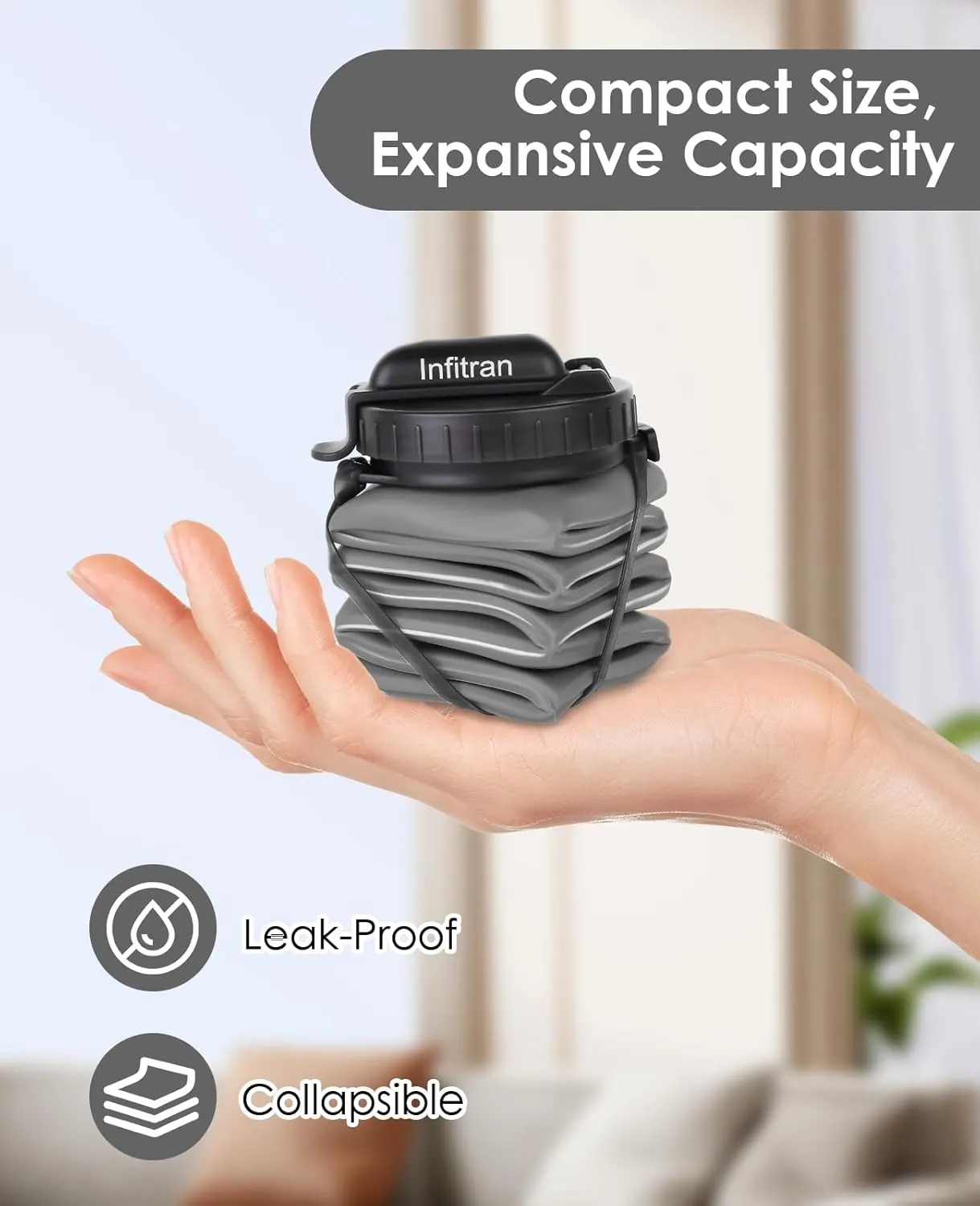 Collapsible Water Bottles,BPA-Free Silicone Foldable Water Bottle Cup with Straw Strap 20.6oz,Leak-Proof Durable Lightweight Bottle for Gym Travel Camping Hiking Running Sport,Gray