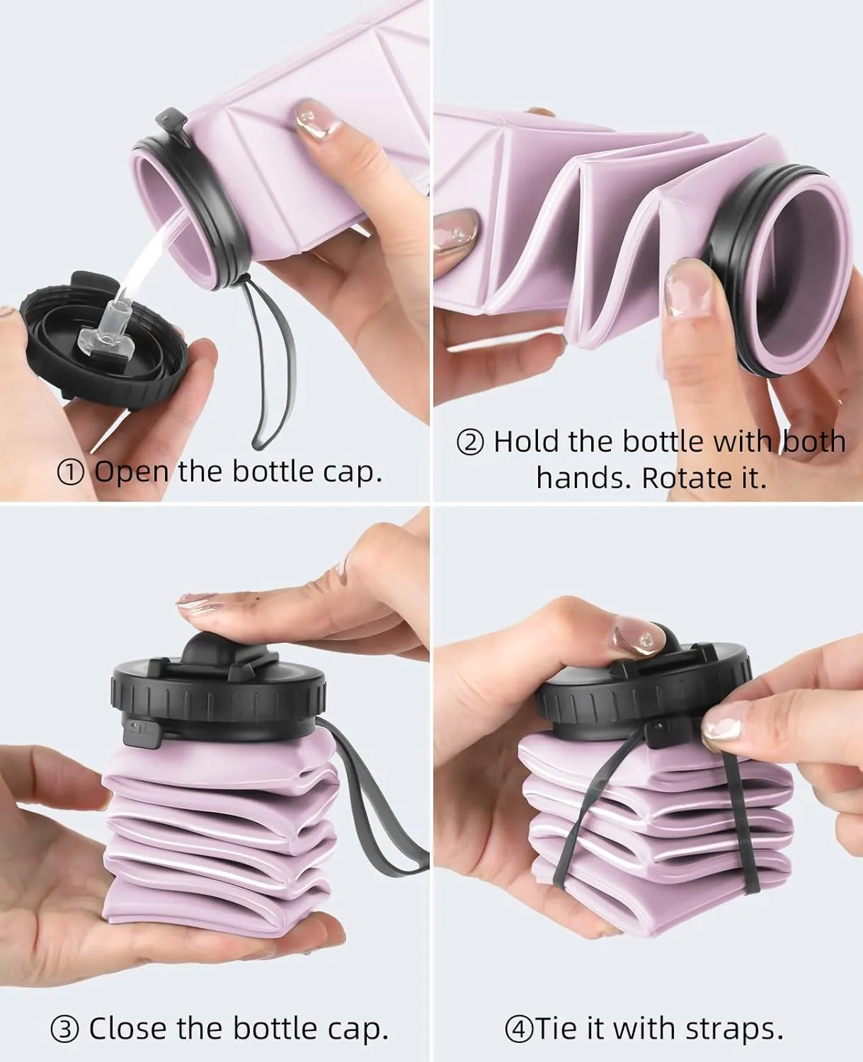 Collapsible Water Bottles,BPA-Free Silicone Foldable Water Bottle Cup with Straw Strap 20.6oz,Leak-Proof Durable Lightweight Bottle for Gym Travel Camping Hiking Running Sport,Purple