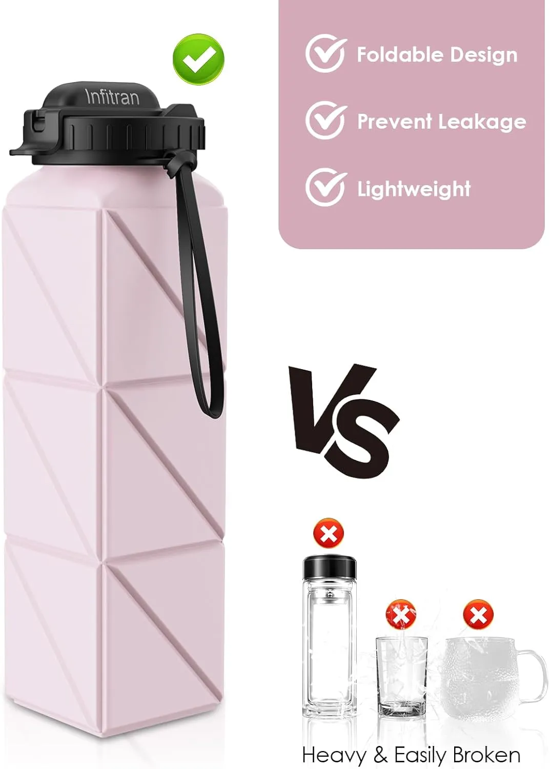 Collapsible Water Bottles,BPA-Free Silicone Foldable Water Bottle Cup with Straw Strap 20.6oz,Leak-Proof Durable Lightweight Bottle for Gym Travel Camping Hiking Running Sport,Purple