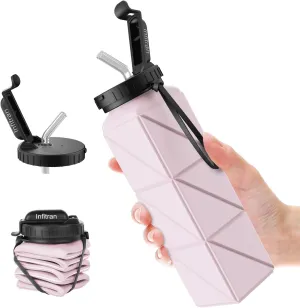Collapsible Water Bottles,BPA-Free Silicone Foldable Water Bottle Cup with Straw Strap 20.6oz,Leak-Proof Durable Lightweight Bottle for Gym Travel Camping Hiking Running Sport,Purple