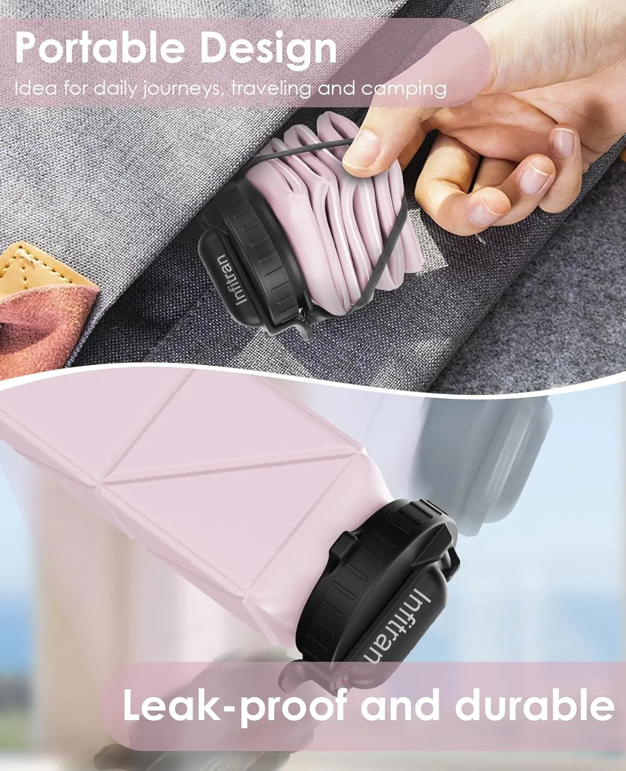 Collapsible Water Bottles,BPA-Free Silicone Foldable Water Bottle Cup with Straw Strap 20.6oz,Leak-Proof Durable Lightweight Bottle for Gym Travel Camping Hiking Running Sport,Purple