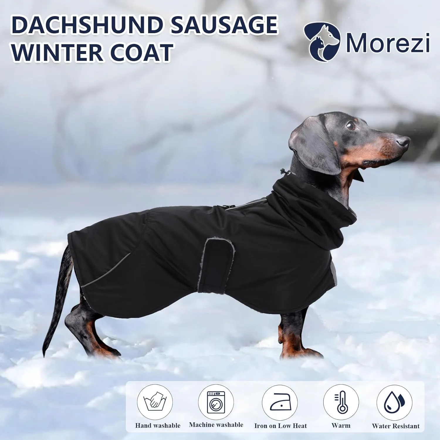 Dachshund Coats Waterproof, Perfect for Dachshunds, Sausage, Weiner Dog Winter Coat with Padded Fleece, Puppy Snowsuit with Adjustable Bands and High Vis Reflective Trim - Black - M