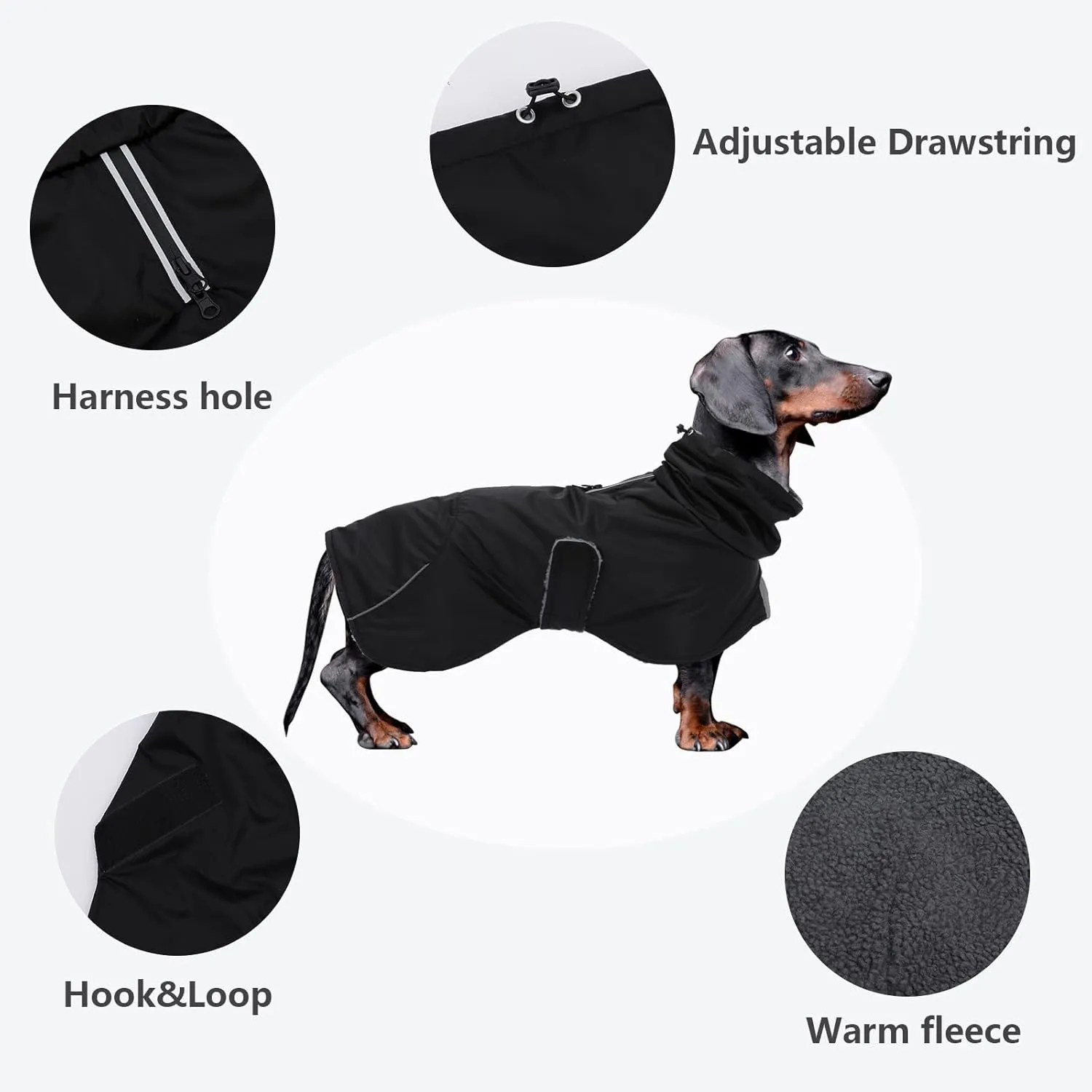 Dachshund Coats Waterproof, Perfect for Dachshunds, Sausage, Weiner Dog Winter Coat with Padded Fleece, Puppy Snowsuit with Adjustable Bands and High Vis Reflective Trim - Black - M