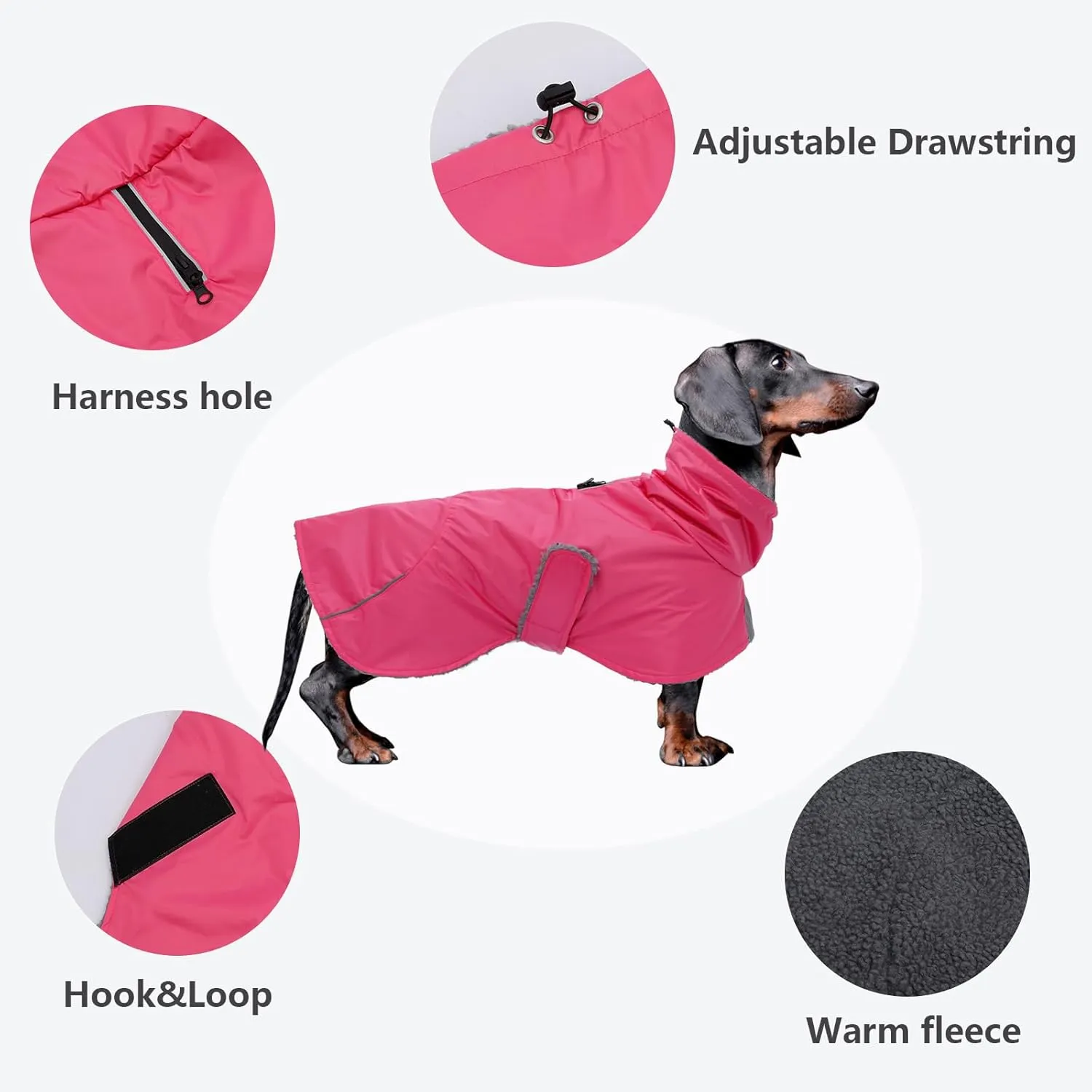 Dachshund Coats Waterproof, Perfect for Dachshunds, Sausage, Weiner Dog Winter Coat with Padded Fleece, Puppy Snowsuit with Adjustable Bands and High Vis Reflective Trim - Pink - M