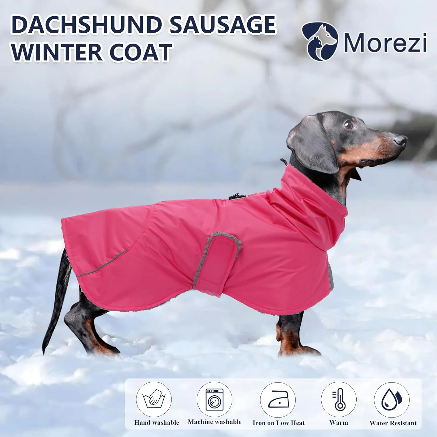 Dachshund Coats Waterproof, Perfect for Dachshunds, Sausage, Weiner Dog Winter Coat with Padded Fleece, Puppy Snowsuit with Adjustable Bands and High Vis Reflective Trim - Pink - M
