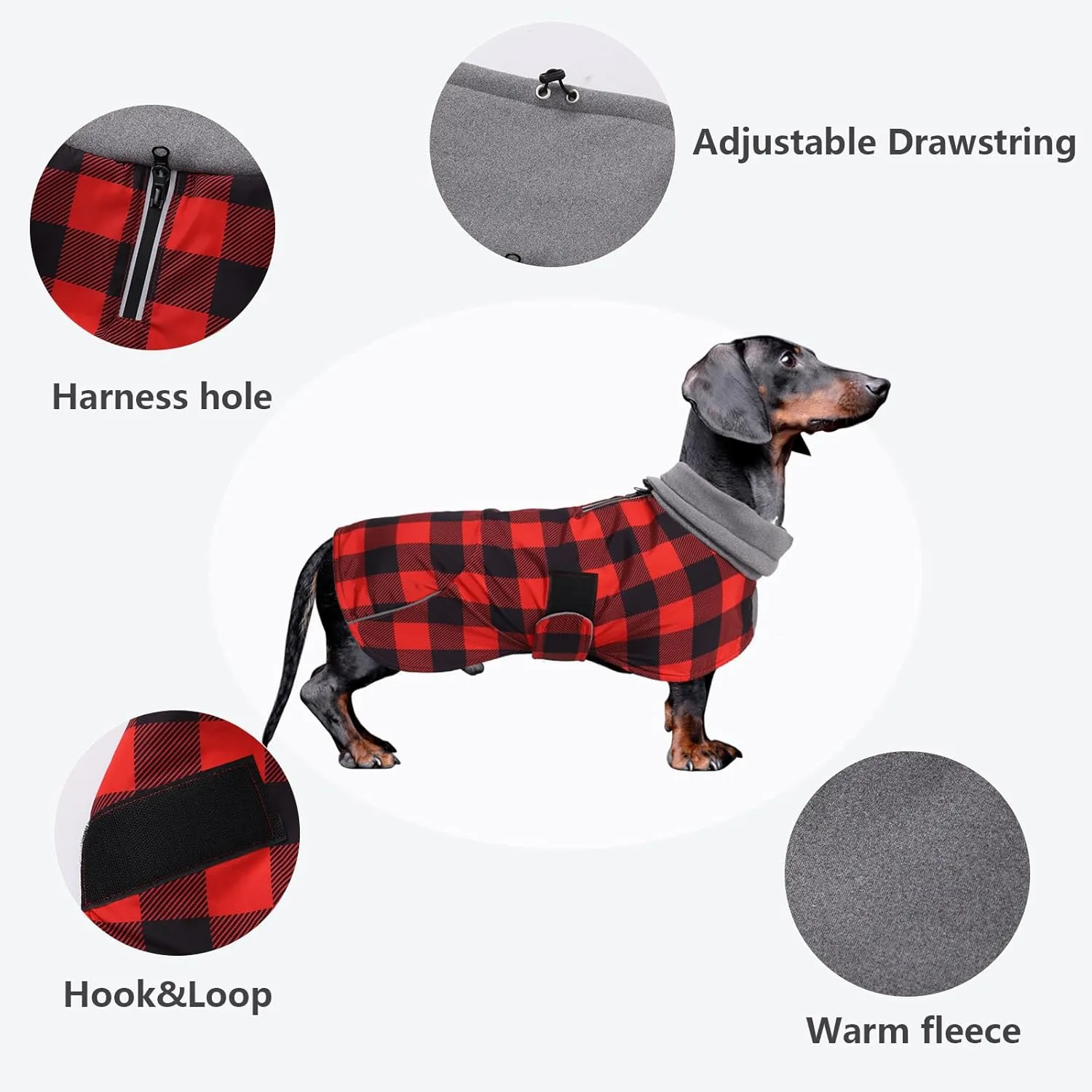 Dachshund Coats Waterproof Suitable for Dachshunds Sausage Weiner Dog Winter Coat Padded Fleece Puppy Snowsuit with Adjustable Bands Reflective Stripe - Plaid Red - XS