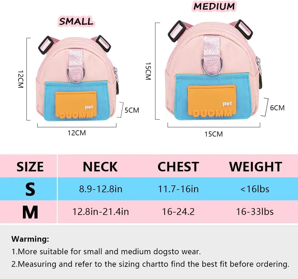 Dog Backpack for Small Dogs to Wear,Cute Pet Puppy Harness Backpacks with Leash Adjustable Dog Self Carrier Bag for Travel Hiking Daily Walking (M, Pink)