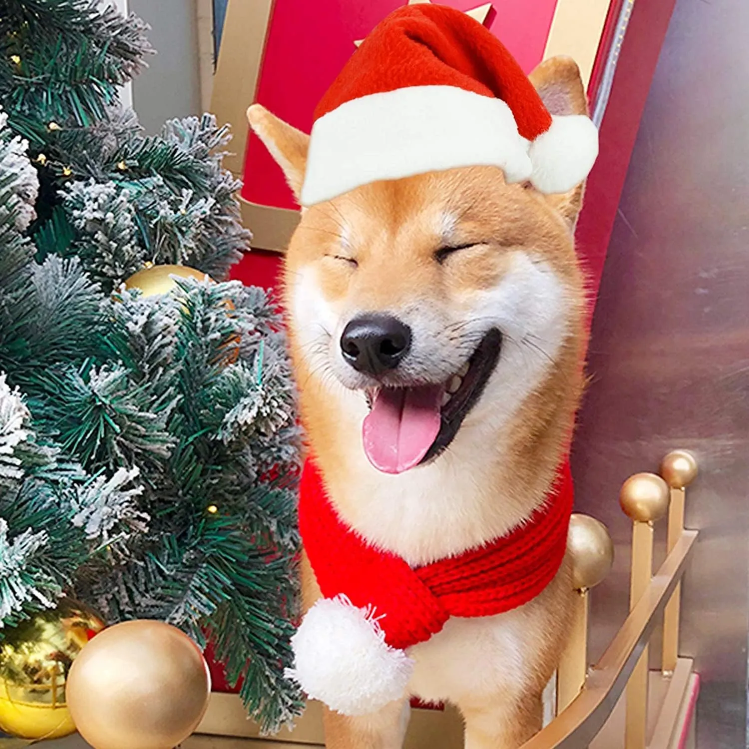 Dog Cat Knitted Christmas Scarf Neck Warmer with Santa Hat Set Xmas Pet Puppy Costume (Medium, Red)