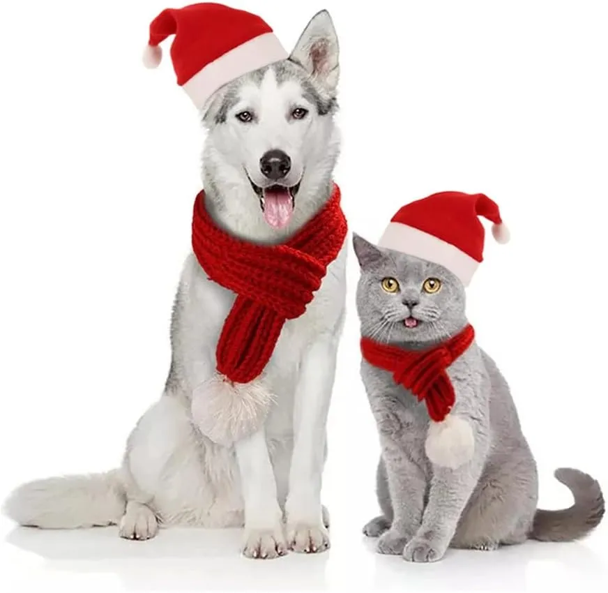 Dog Cat Knitted Christmas Scarf Neck Warmer with Santa Hat Set Xmas Pet Puppy Costume (Medium, Red)