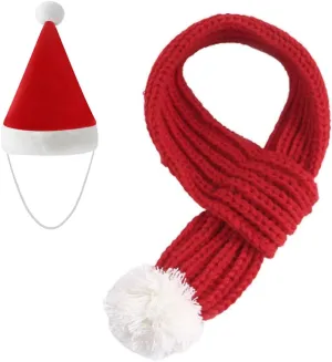 Dog Cat Knitted Christmas Scarf Neck Warmer with Santa Hat Set Xmas Pet Puppy Costume (Medium, Red)