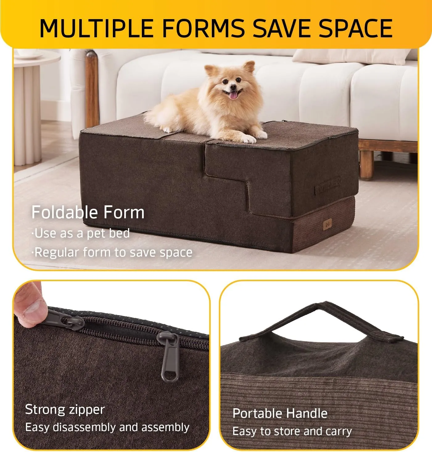 Dog Stairs for High Bed, Dog Steps for Bed Couch Sofa, 35D Foam Extra Wide Pet Steps for Small Dogs and Cats, Pet Stairs with Non-Slip Bottom Brown, 4 Steps