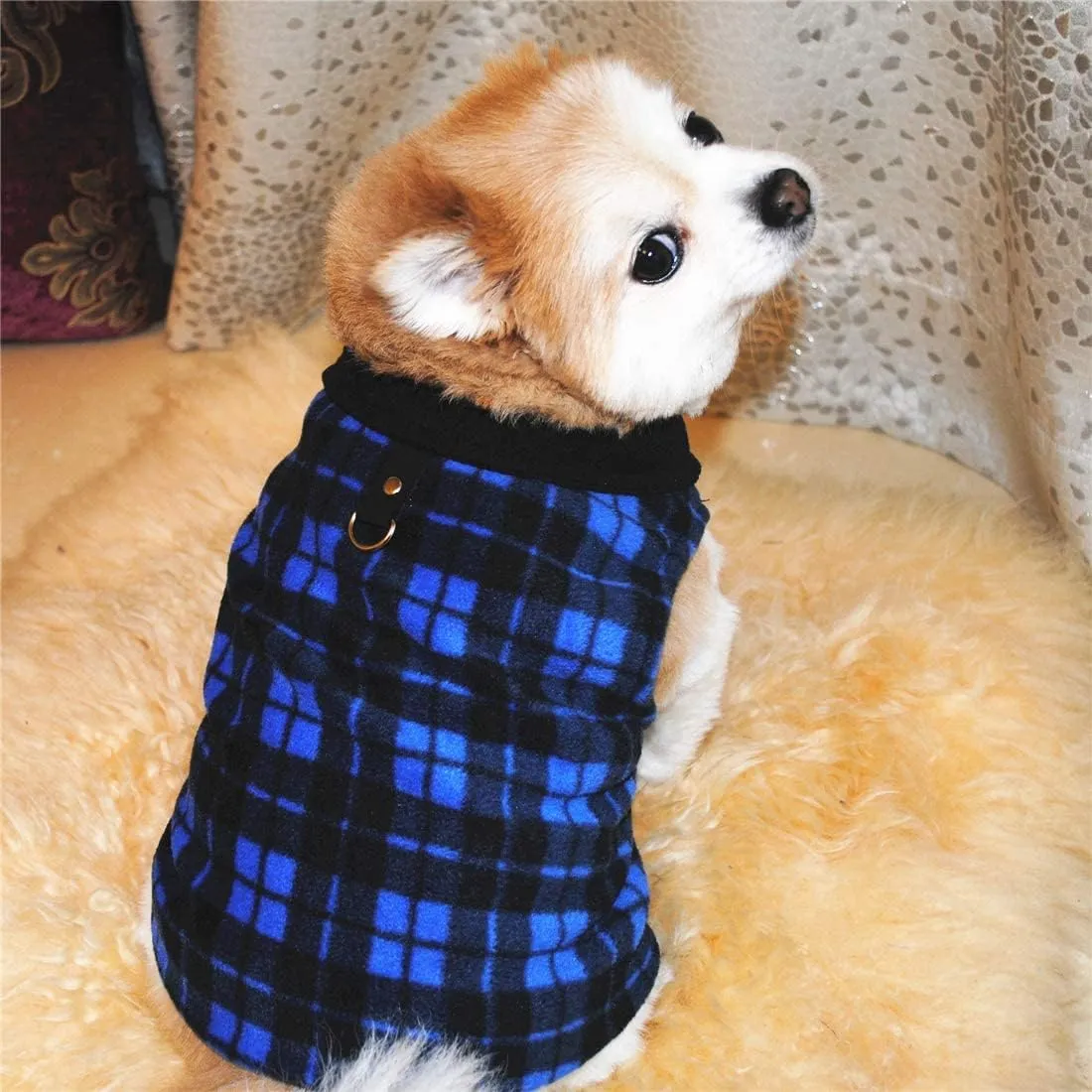 Dog Sweater, Soft Fleece Vest with Leash Ring Pullover Jacket Winter Pet Dog Clothes for Puppy Small Dogs Cats Teddy Chihuahua Yorkshire for Christmas (L, Blue Plaid)