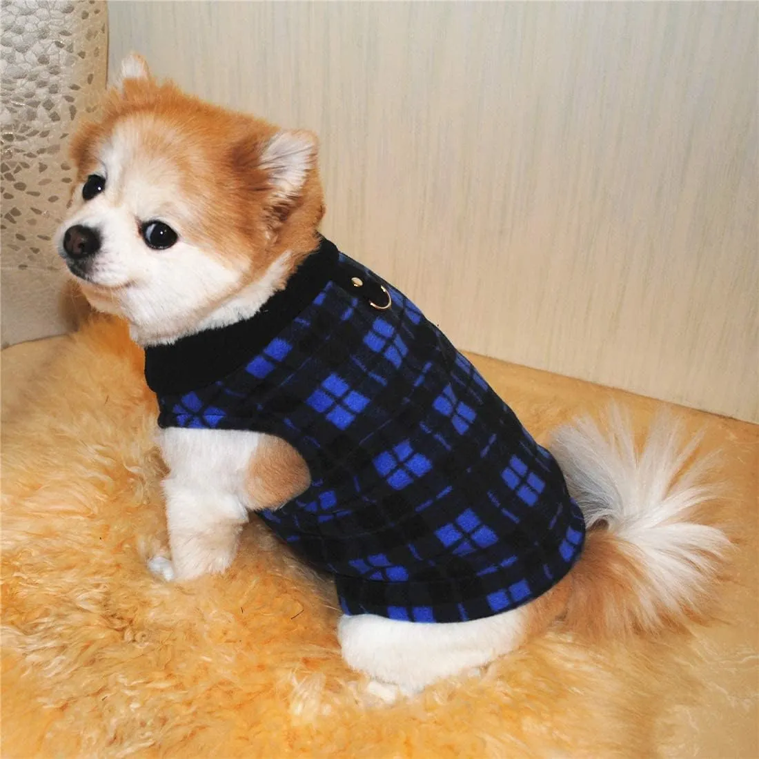 Dog Sweater, Soft Fleece Vest with Leash Ring Pullover Jacket Winter Pet Dog Clothes for Puppy Small Dogs Cats Teddy Chihuahua Yorkshire for Christmas (L, Blue Plaid)