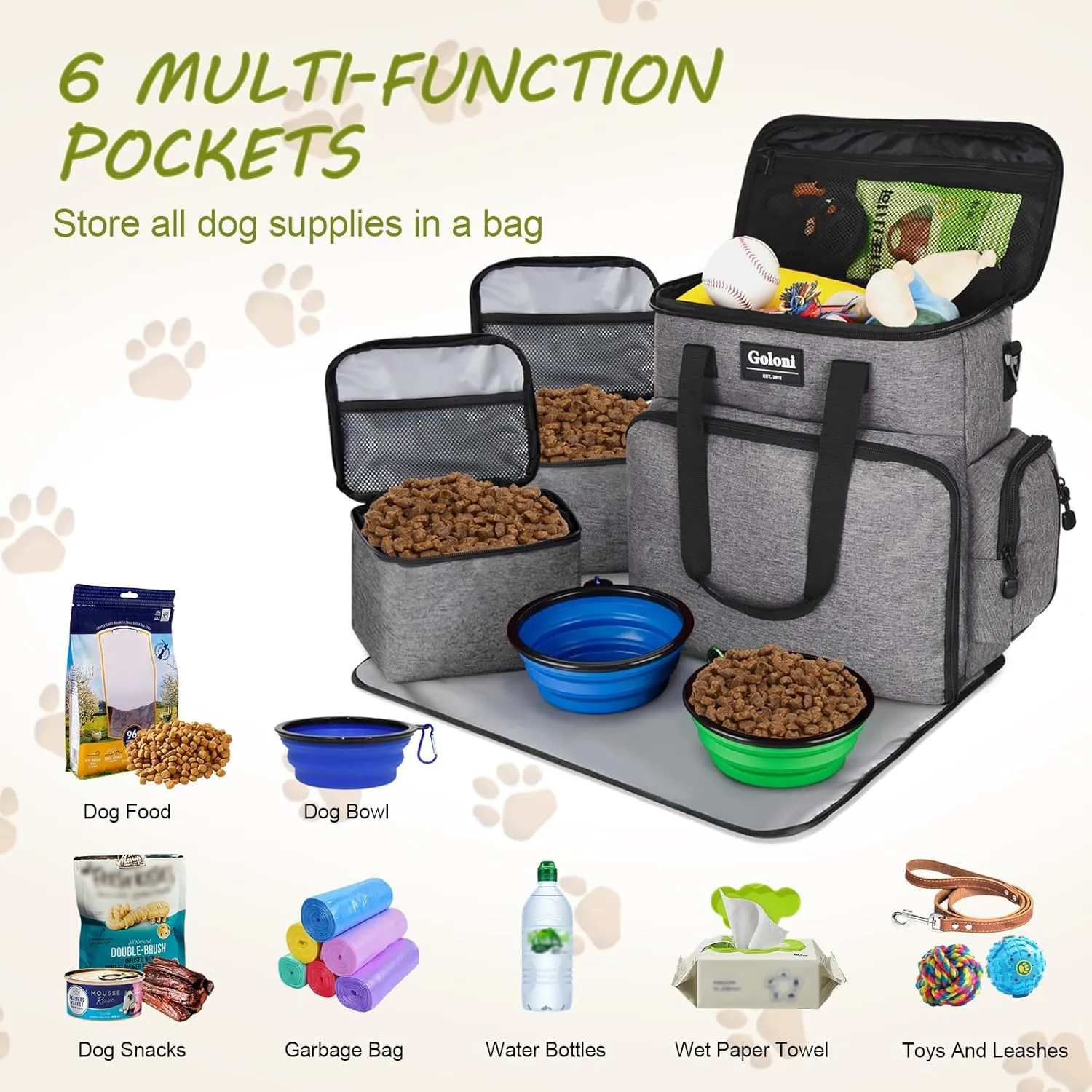 Dog Travel Bag Airline ApprovedPet Travel Tote with Collapsible Bowls,Food Containers & Feeding MatMulti-Pocket Organizer for Dogs & Cats, Durable & Water-Resistant for Hiking,Trips,Outdoors