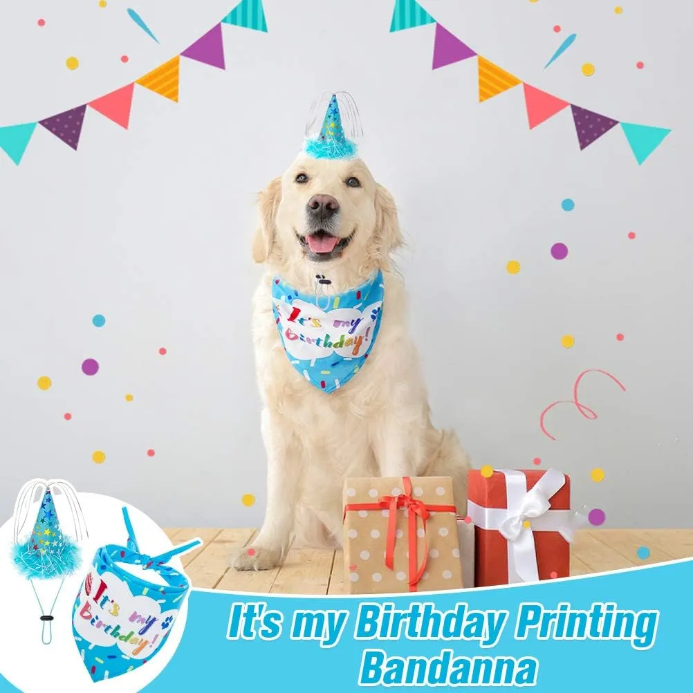 EXPAWLORER Dog Birthday Bandana Set - Cute Hat and Squeaky Cake Toy for Birthday Party Supplies Gift - Great for Small Medium Large Dogs Blue