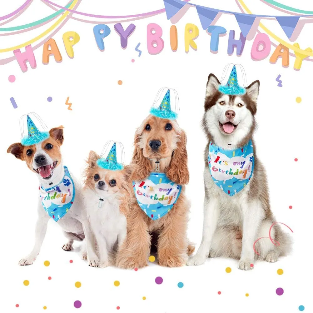 EXPAWLORER Dog Birthday Bandana Set - Cute Hat and Squeaky Cake Toy for Birthday Party Supplies Gift - Great for Small Medium Large Dogs Blue
