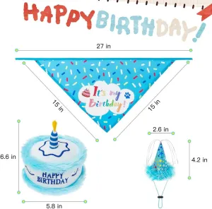 EXPAWLORER Dog Birthday Bandana Set - Cute Hat and Squeaky Cake Toy for Birthday Party Supplies Gift - Great for Small Medium Large Dogs Blue