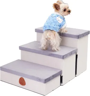 Foldable Dog Stairs, Dog Steps for Small Dogs to Get on 13'' Hight Beds and Couch, Pet Cat Stairs with Storage, Dog Ramp for Car Holds up to 150 lbs (Beige, 3 Steps No Condo)