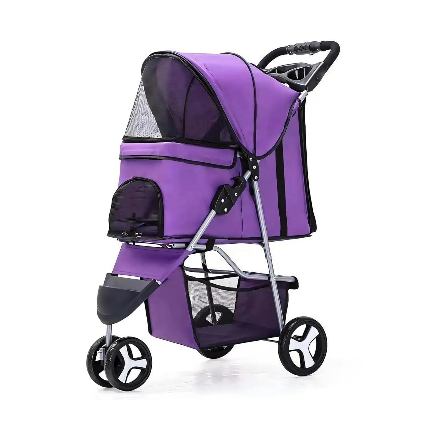 Foldable Pet Stroller for Cats and Dogs 3 Wheels Carrier Strolling Cart, Pet Strolling Cart for Small/Medium Dogs and Cats with Storage Basket, Blue