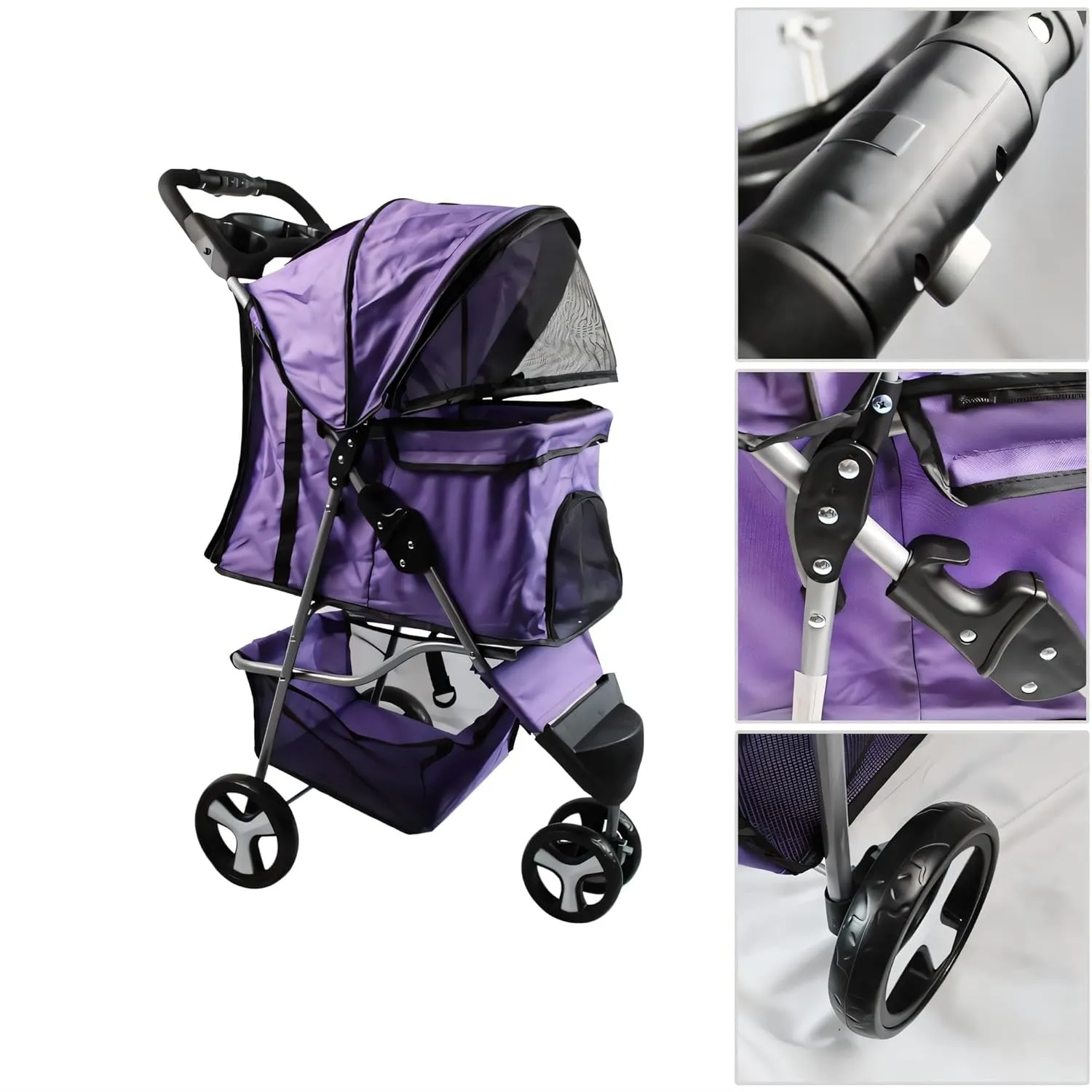 Foldable Pet Stroller for Cats and Dogs 3 Wheels Carrier Strolling Cart, Pet Strolling Cart for Small/Medium Dogs and Cats with Storage Basket, Blue
