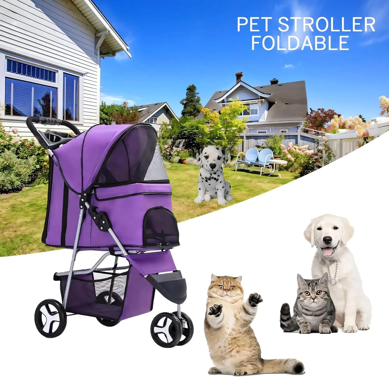 Foldable Pet Stroller for Cats and Dogs 3 Wheels Carrier Strolling Cart, Pet Strolling Cart for Small/Medium Dogs and Cats with Storage Basket, Blue