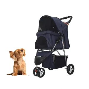 Foldable Pet Stroller for Cats and Dogs 3 Wheels Carrier Strolling Cart, Pet Strolling Cart for Small/Medium Dogs and Cats with Storage Basket, Blue