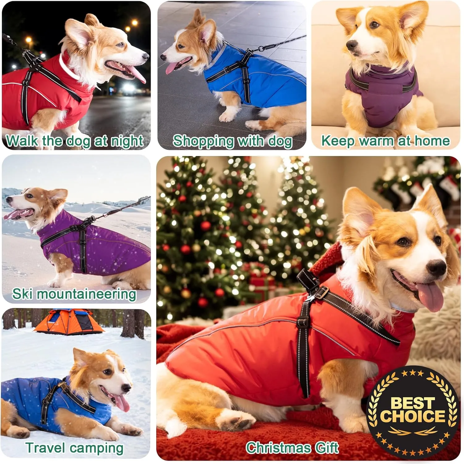 Fragralley Waterproof Dog Coat with Harness, Fleece Lined Warm Puffer Jacket, Adjustable Reflective Windproof Parka for Small Medium Large Dogs