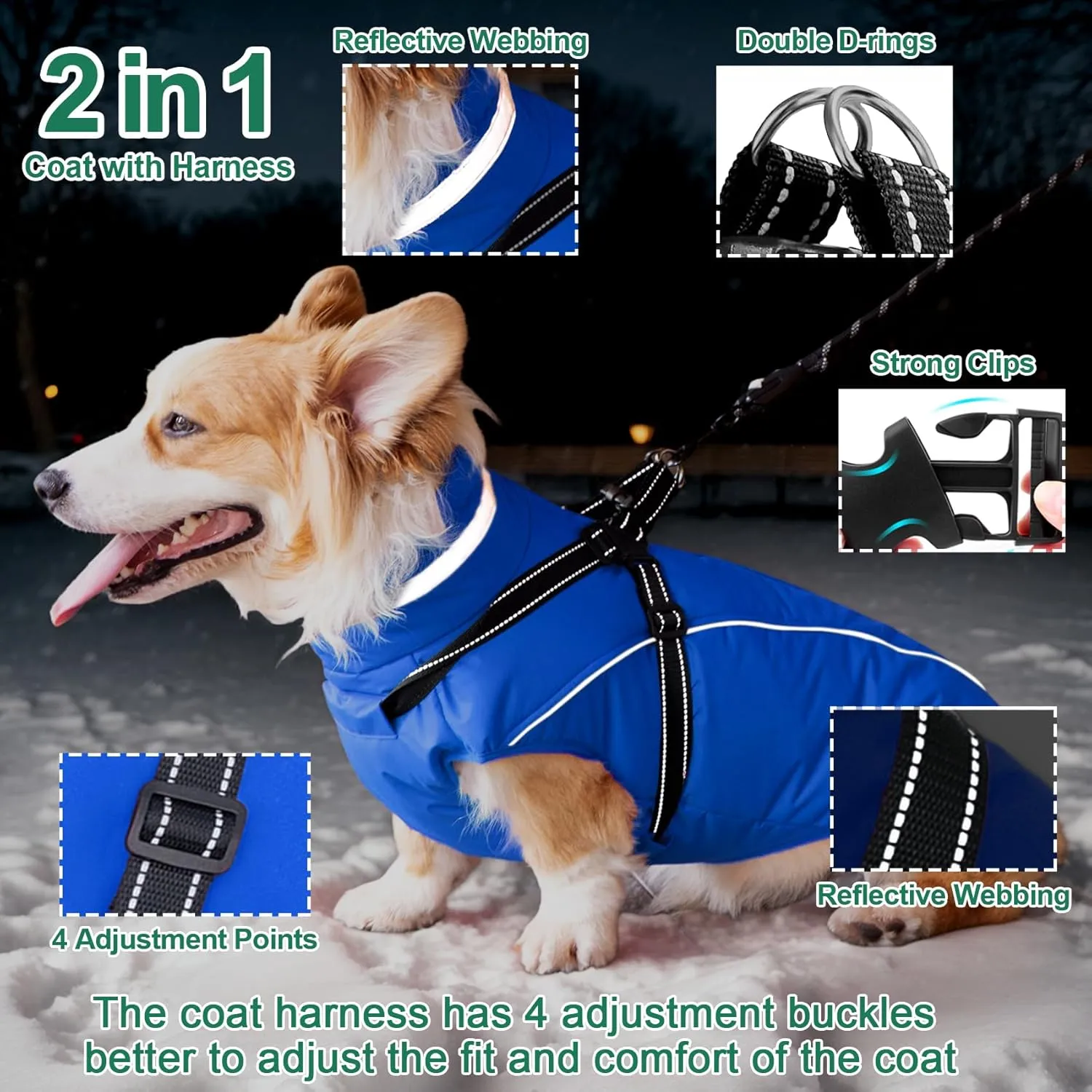 Fragralley Waterproof Dog Coat with Harness, Fleece Lined Warm Puffer Jacket, Adjustable Reflective Windproof Parka for Small Medium Large Dogs